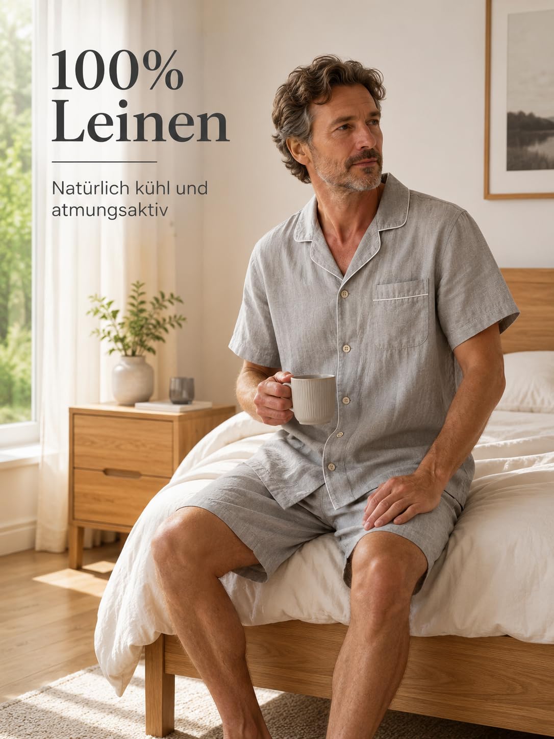 RAKUYUME Herren Leinen Pyjama Set, Sommer, Kurzarm