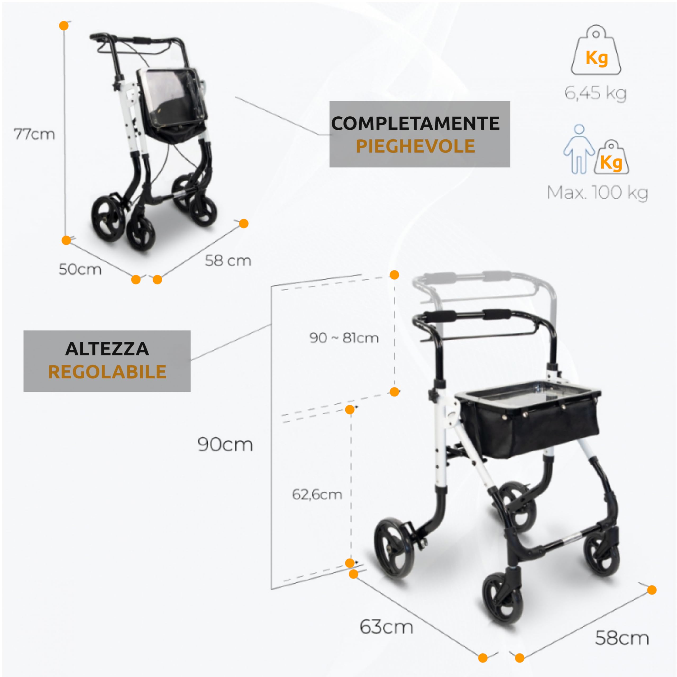 GOVITA - deambulatore per anziani 4 ruote,Girello in alluminio leggero con seduta,Rollator pieghevole, Altezza sedile regolabile,Per esterno e interno