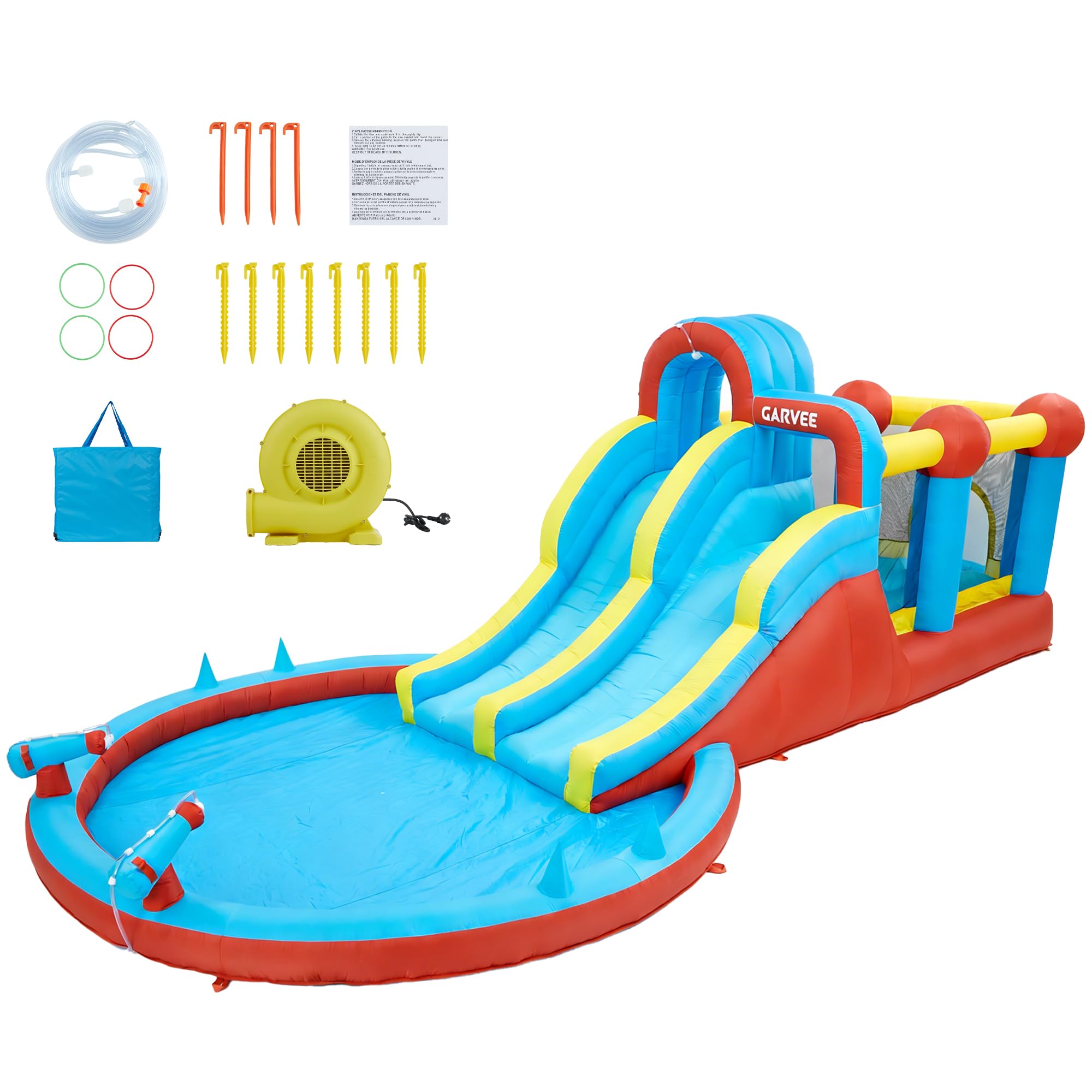 Parc Aquatique Gonflable XXL 8-en-1 Enfants - château + 2 toboggans, Grand Piscine, Mur d’Escalade, Jets d’Eau & Jeu d’Anneaux, souffleur 550 W - 26001 (Norme UE) - Couleur: 26001