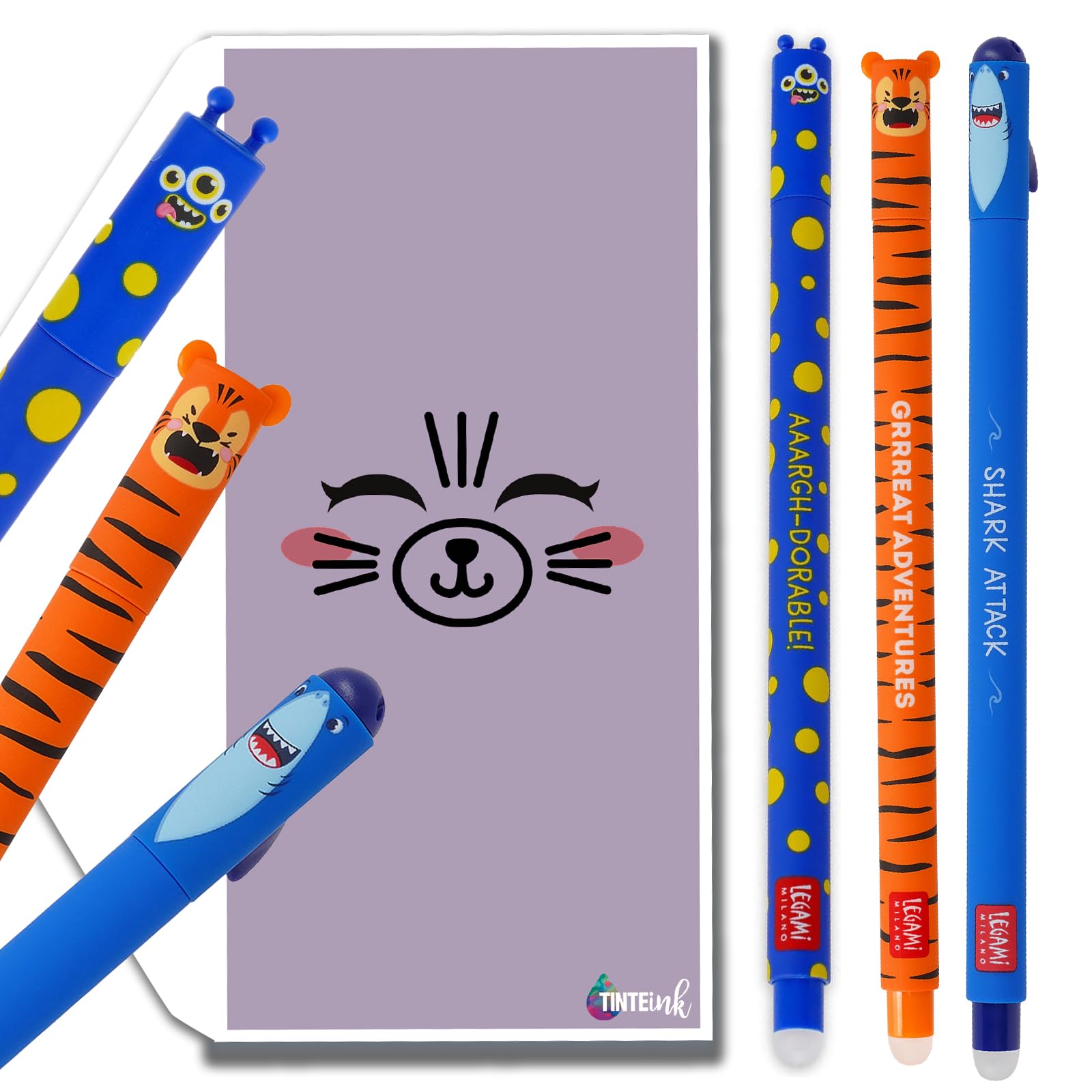 Tinte Ink Legami Erasable Pens Bundle Envelope - (Shark, Tiger & Monster (3 Pens)) — image 1