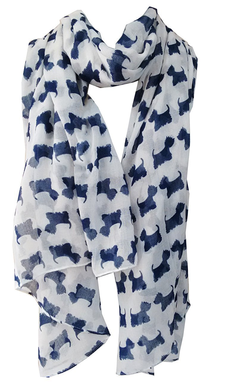 Glamlondon Women's White Blue_527 Scottie Dog Scarf Westie Dogs Breed West Highland Scottish Terrier Wrap Shawl Sarong (White Blue_527)