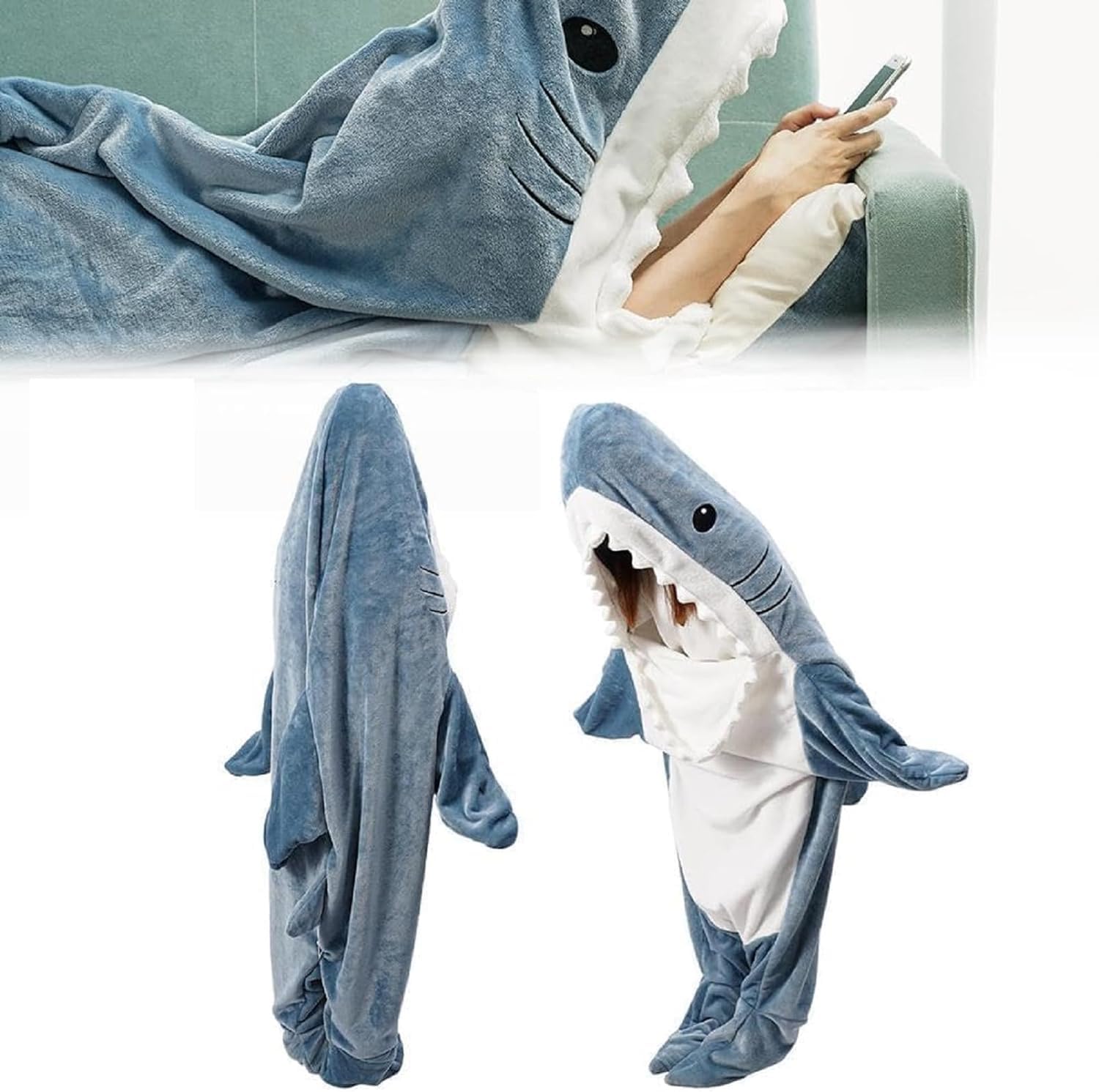 Wawasia Shark Blanket for Adult Kids, 190cm Cartoon Animals One-Piece Blanket, Shark Blanket Super Soft Cozy Flannel Hoodie, Shark Sleeping Bag Wearable Blanket (Fit for 151-170cm Height)