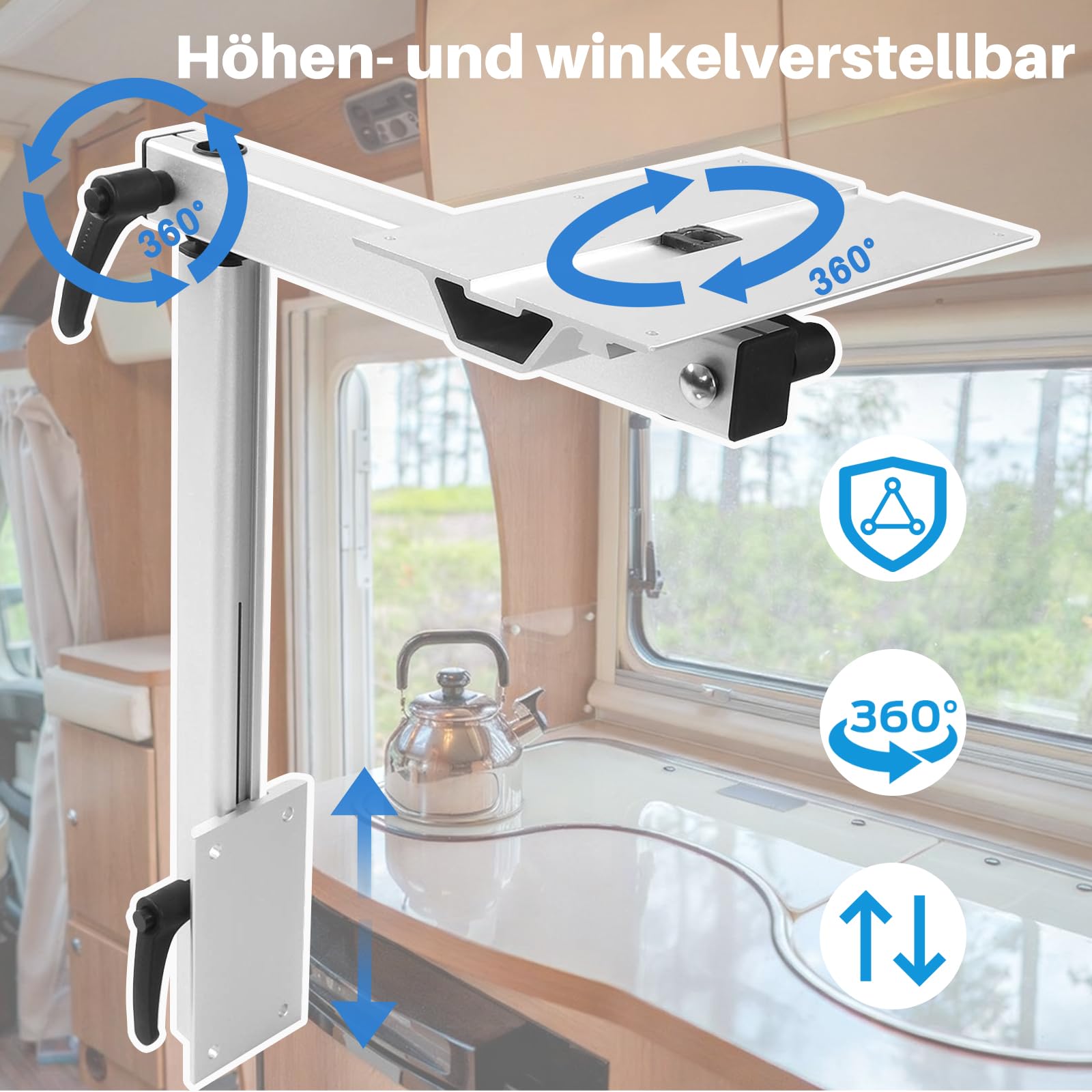 Abnehmbare Wohnmobil Tischbeine, 360° Drehbare RV Tisch, Höhenverstellbar 18 cm, Abnehmbare Bodenhalterung, 6063-T5 Aluminium Tischgestell Silber