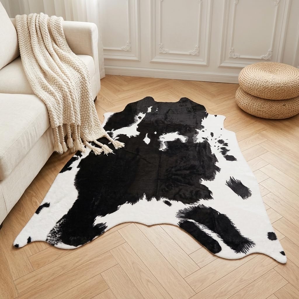 Cow Print Area Rug, Faux Cowhide Rug, Modern Farmhouse Western Living Room Bedroom Carpet Decor, Non-Slip 4'7" x 5'3"（140x160cm）