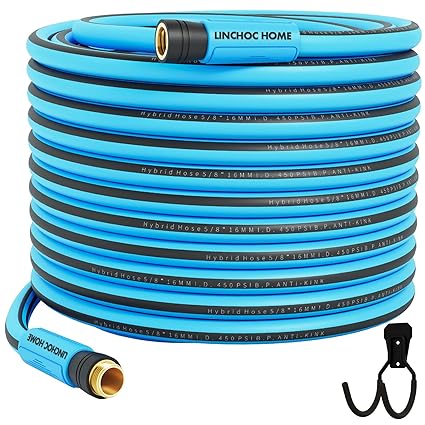 Garden Hose 50 FT,Flexible Heavy Duty Hybrid 5/8 IN.Kink-resistant Rubber Water Hose with Hose Holder,All-weather, Lightweight,Burst 450PSI