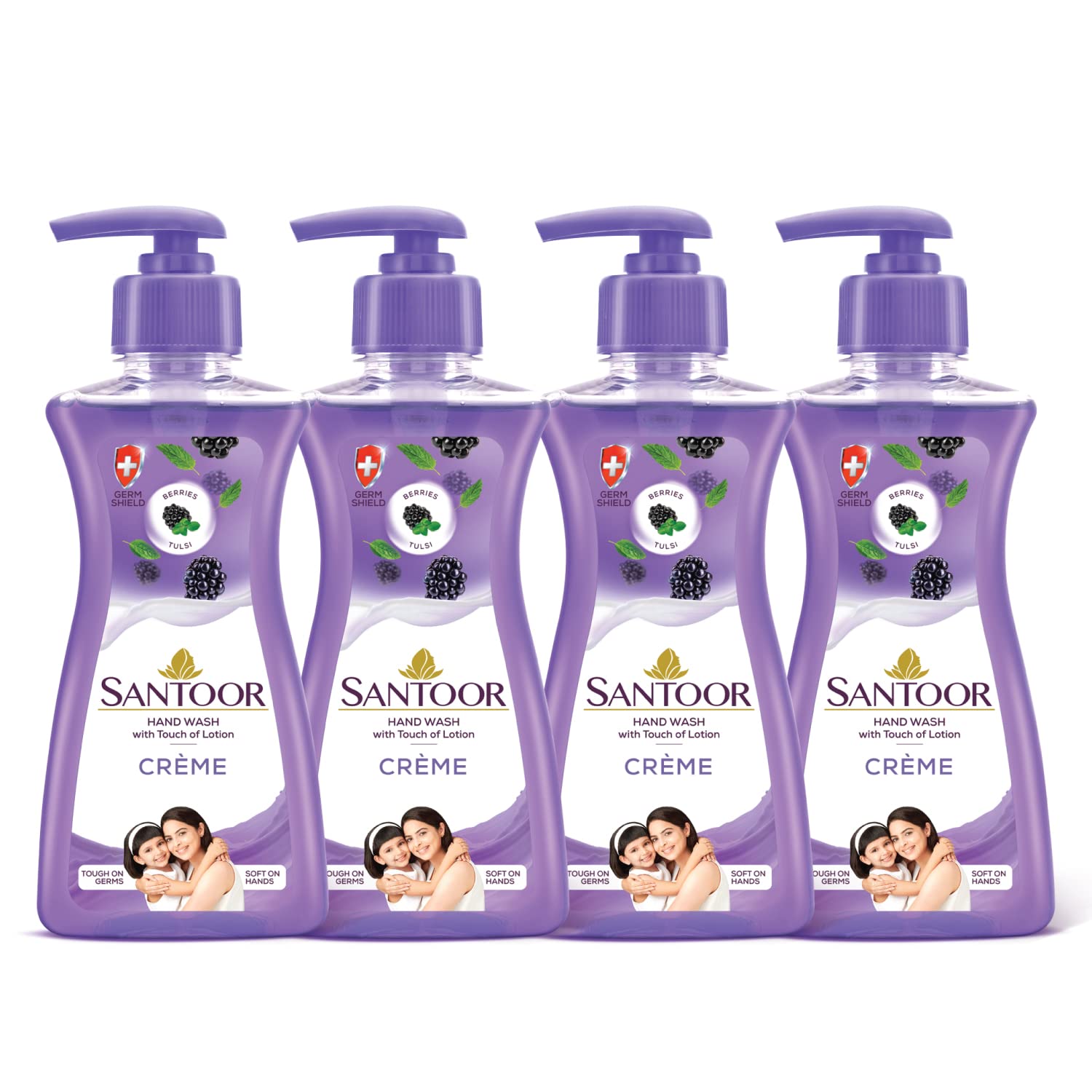 Santoor Crème Handwash 200ml, Pack of 4 with Touch of Lotion| Made with Berries & Tulsi| Rich Lathering Formula with Anti-Bacterial Properties| Soft on Hands| Soothes & Hydrates Skin
