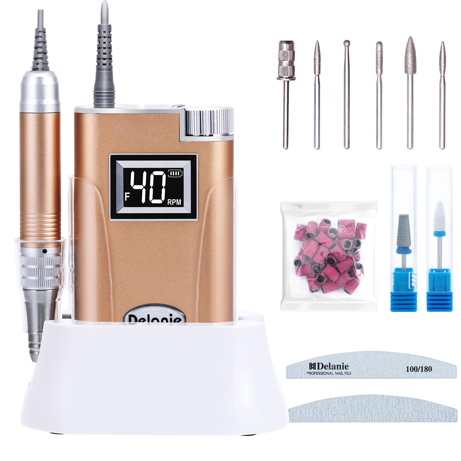 Delanie Torno para Uñas Profesional 40,000 RPM, Pulidora de Uñas sin Cable Recargable para Uñas de Acrílico y Gel, Incluye 8 Puntas, Perfecta para el Salón/Hogar, Dorado
