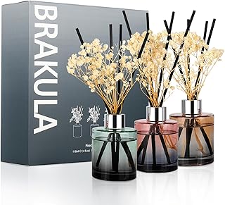 Brakula 3 Pack Reed Diffuser, Oil Diffuser Sticks, Fresh Linen, White Jasmine, Lavender Vanilla (4 fl oz Each Pack), Home Fragrance with 18 Sticks, Bathroom Decor, Reed diffusers for Home