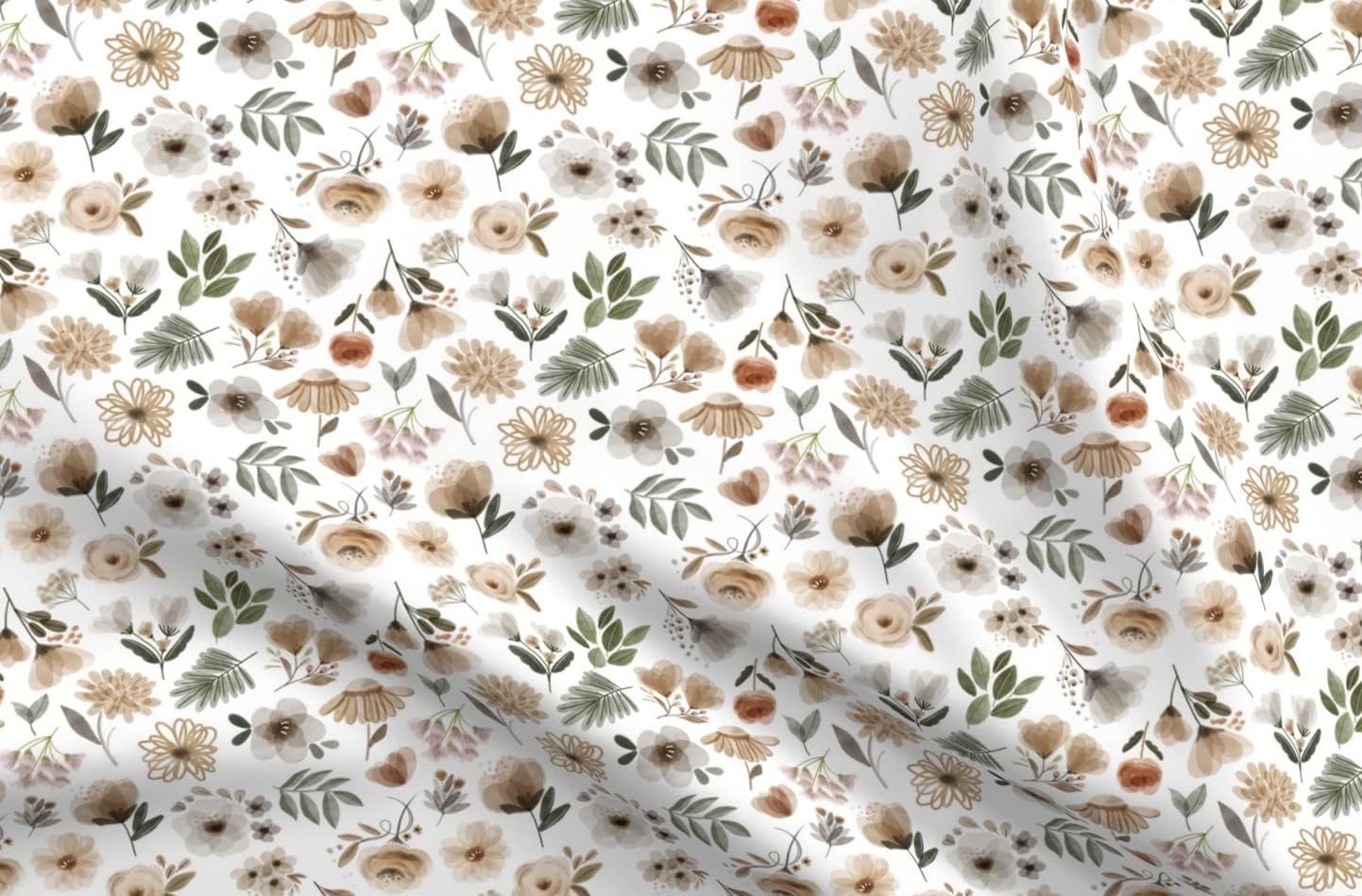 Spoonflower Fabric - Woodland Sage Florals Green Flowers Gray Beige Olive Printed on Organic Cotton Sateen Fabric by The Yard - Sewing Quilting Apparel Home Decor
