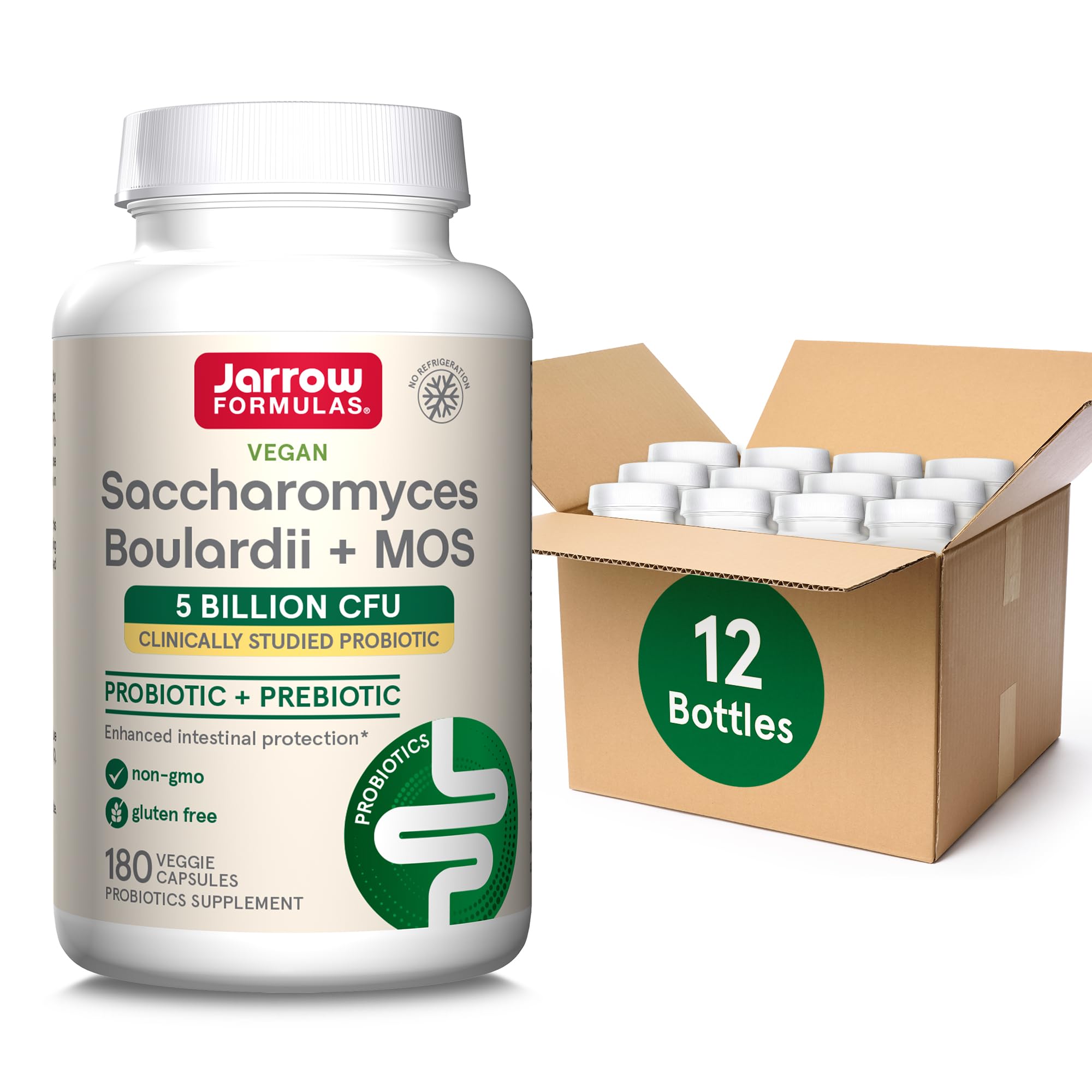 Jarrow Formulas Saccharomyces Boulardii Probiotics + MOS 5 Billion CFU Probiotic Yeast for Intestinal Health Support Gut Health Supplements for Women &amp; Men 180 Veggie Caps, 180 Day Supply,Pack of 12