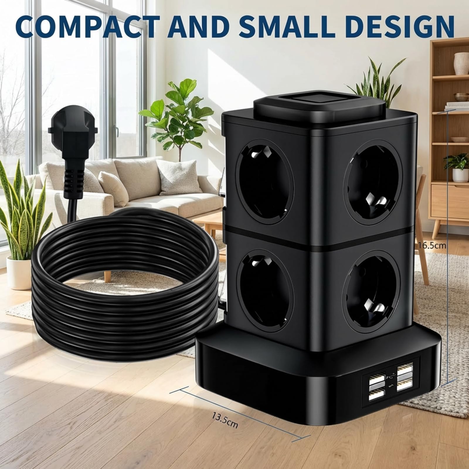 Torre Regleta Enchufes 8 Tomas AC y 4 USB Enchufe Multiple 2500W/10A Regleta Enchufes Protección contra Sobretensión Regreltas Vertical 3metro con Interruptor para Oficina y Hogar — view 9