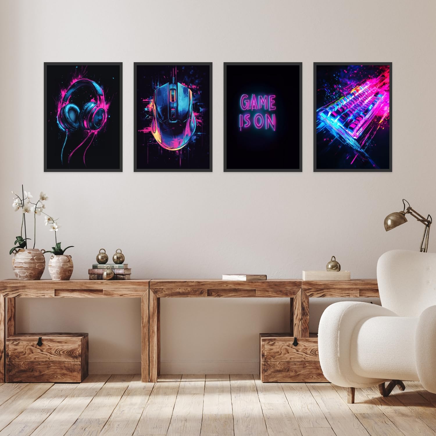 Donari Poster Gaming 4er-Set - Gaming Bild als Deko für Gamingzimmer - Wand Dekoration für Zocker Zimmer Led Optik Set A4 Bilder mit oder ohne Rahmen (Motiv 3, 21x30 cm, Gerahmt)