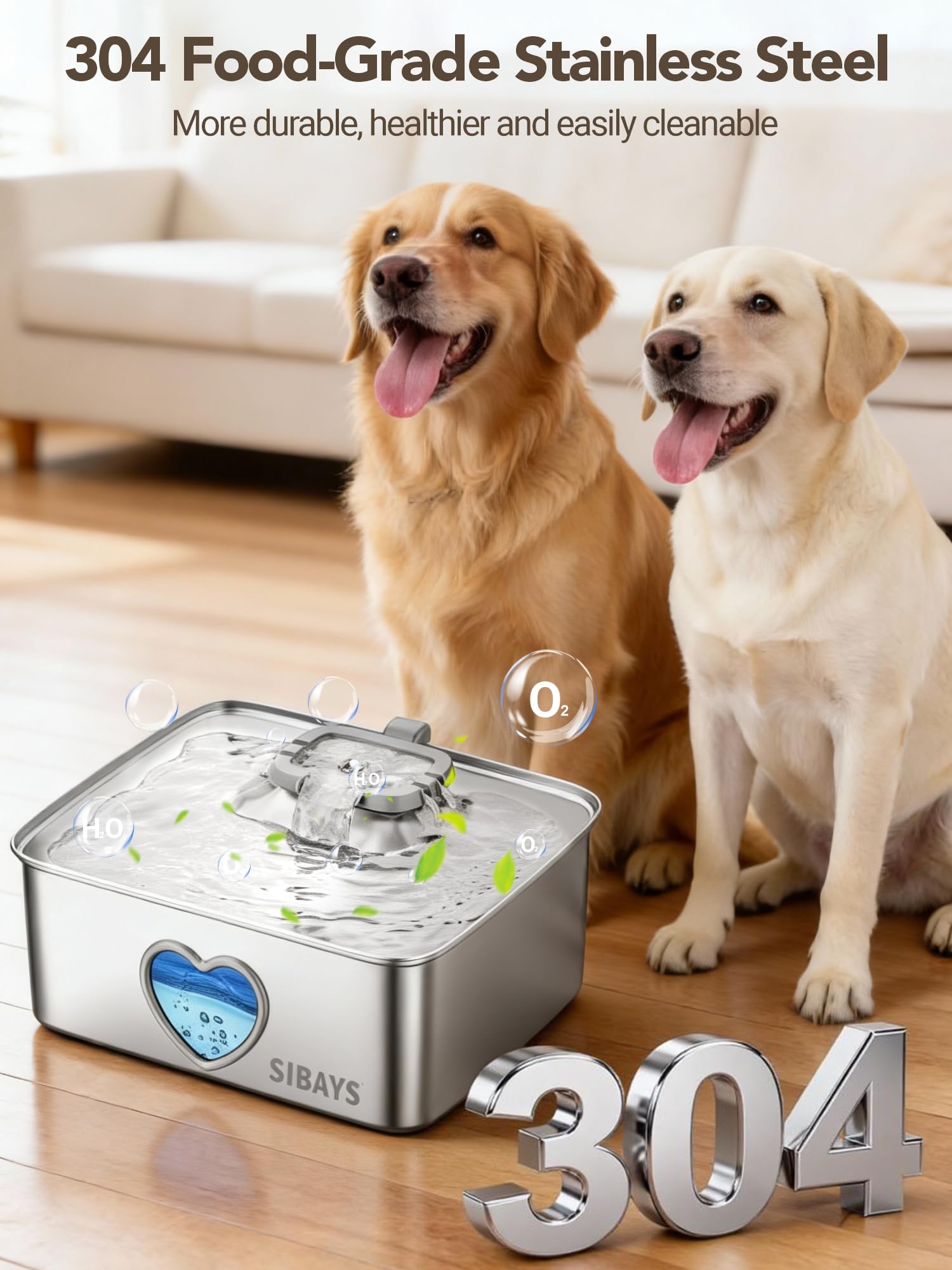 SIBAYS 15L Large Dog Water Fountain, 4 Gal Stainless Steel Pet Water Fountain for Dogs Inside, Ultra Quiet Automatic Dog Water Bowl Dispenser with Water Level Window & LED Light, Easy to Clean FS80 - image 3