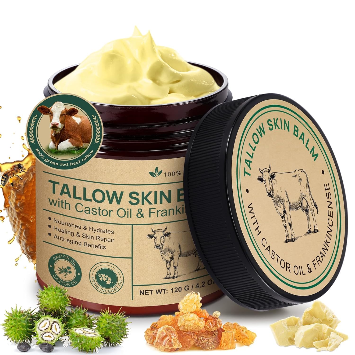 Beef Tallow Cream, Tallow Creme Rindfleisch Talg Creme Rindfleisch Talg und Honigbalsam Hautpflege mit Räucheröl Rizinusöl Balsam, 100% Grassfed für die Hautpflege