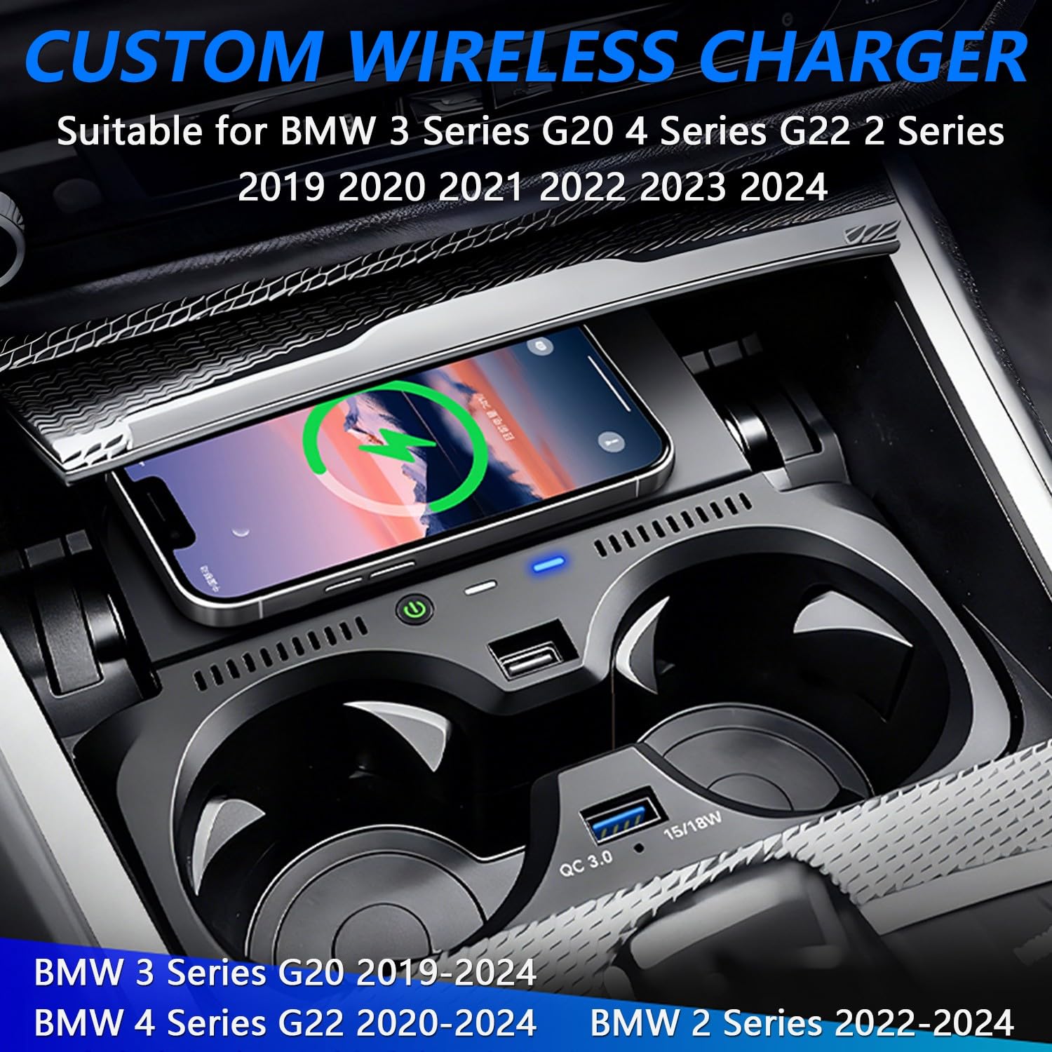 Bezprzewodowa ładowarka do BMW serii 3 G20 2019-2024, serii 4 G22 2020-2024, serii 2 2022-2024, OEM na zamówienie z portem USB 18 W QC3.0 Bezprzewodowa podkładka do szybkiego ładowania telefonu (nie