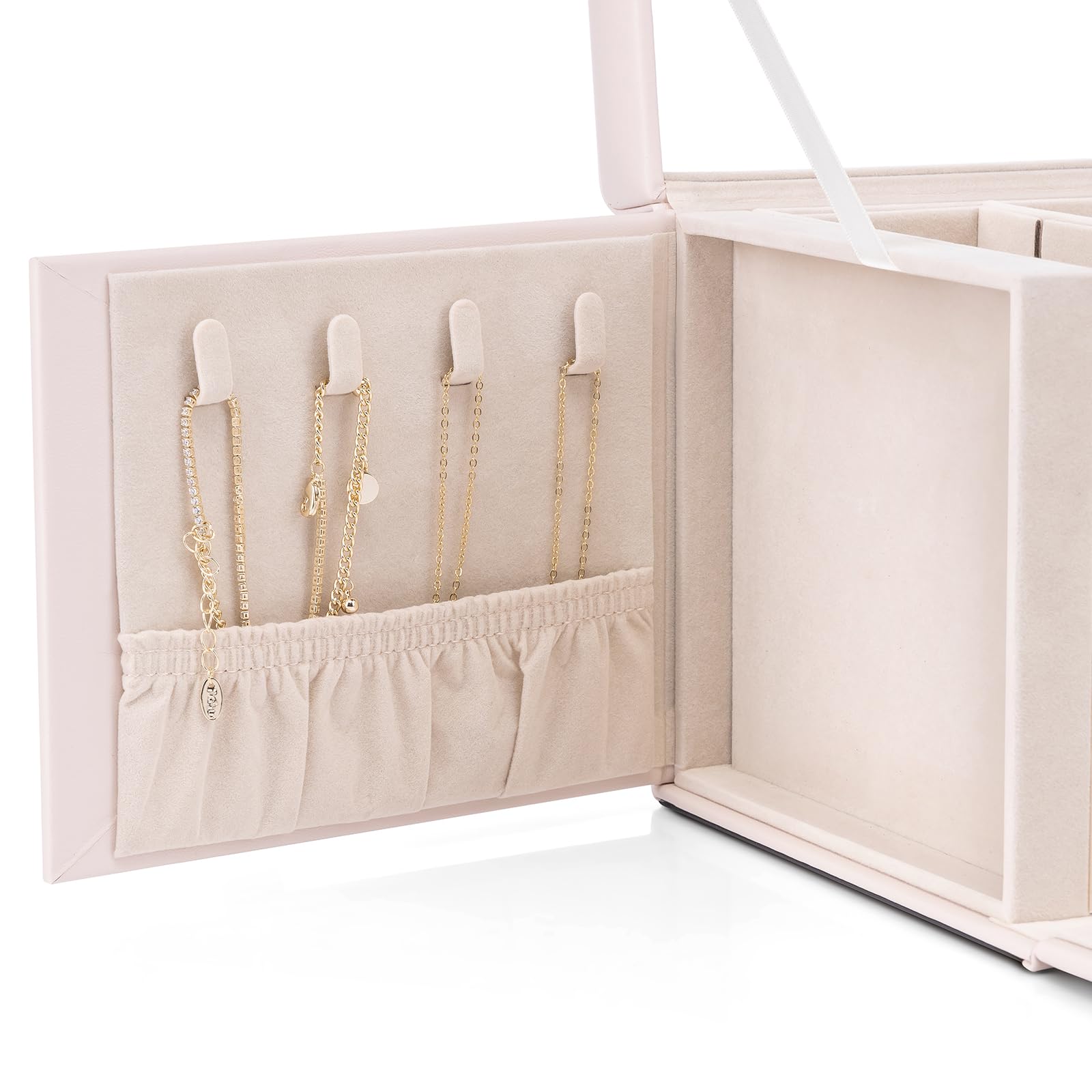 Vlando Grande boîte à bijoux à 4 niveaux - En cuir synthétique - Avec miroir et tiroirs - Organiseur de bijoux - Doublure en velours - Beige
