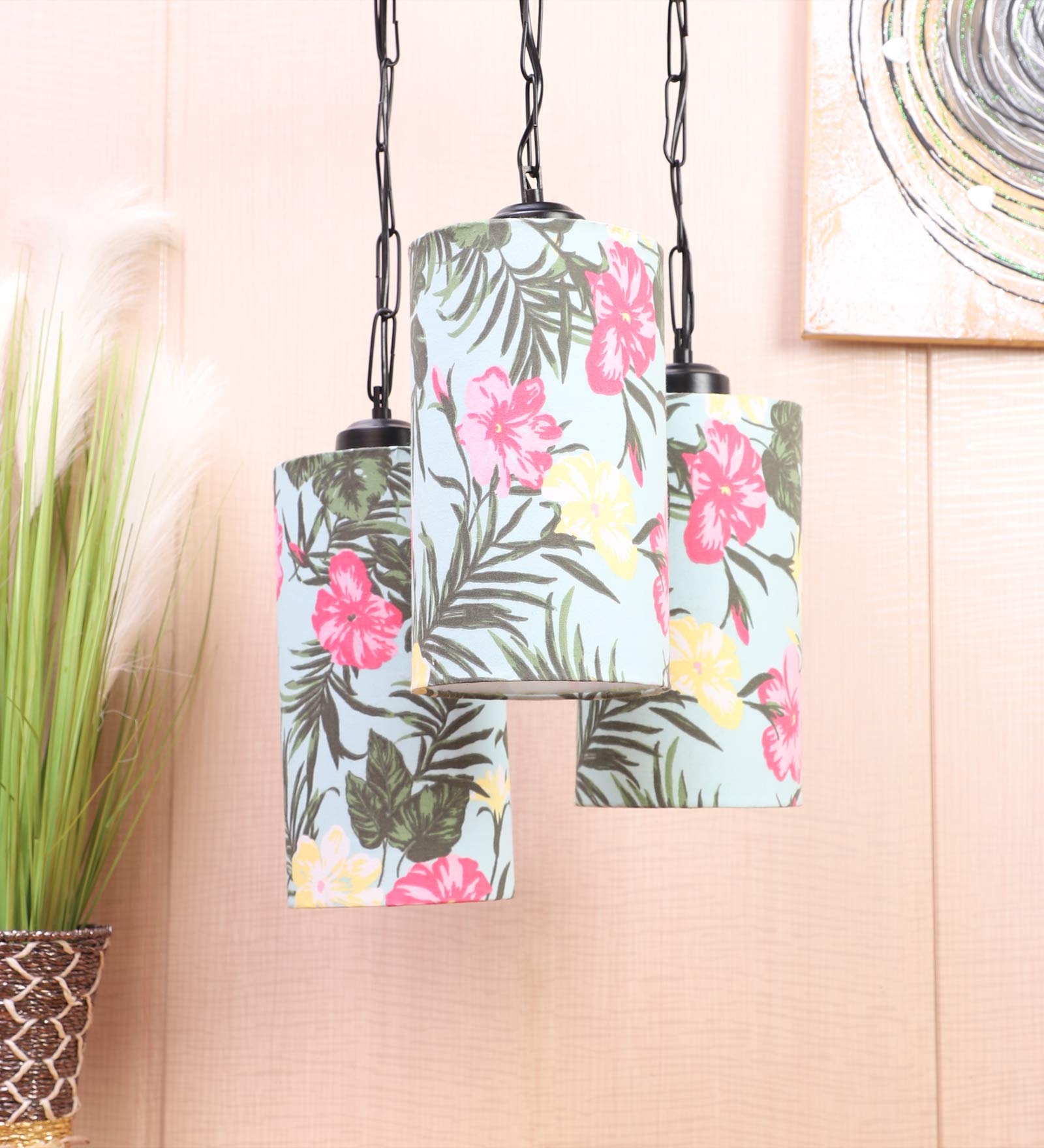 tu casa Pendant Hanging Light Lamps Set of 3 Metal Base with Multi Cotton Floral Print Shades for Home Décor Balcony Lounge Hall Bedrooms Living Room Gifting Diwali Dining Space Restaurants (H-23)