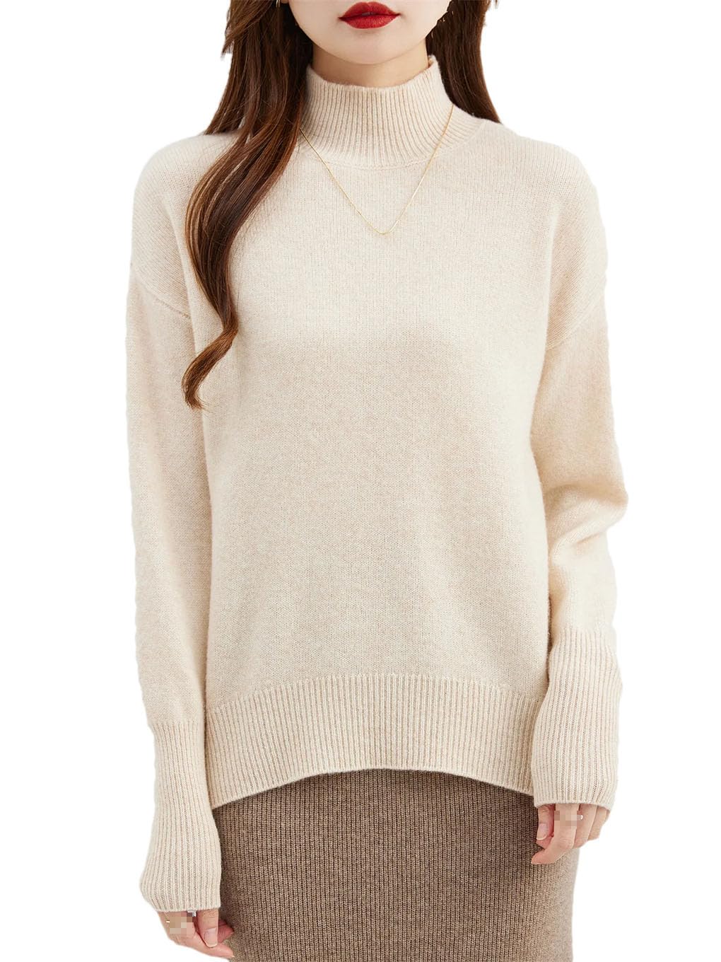 keusyoi Suéter de lana merina para mujer, suéter de invierno con cuello alto falso, manga larga, suéter de punto suelto