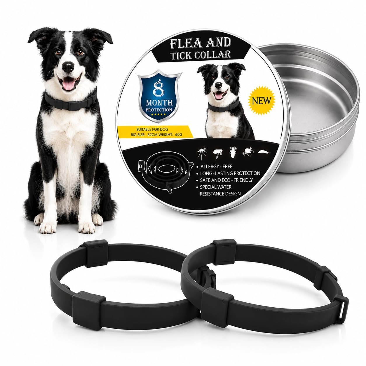 Anti-parasitic Collar for Dogs – High Effective Protection Against Fleas, Ticks and Mosquitoes – Adjustable, Waterproof and Long Lasting – Black – Pack of 2