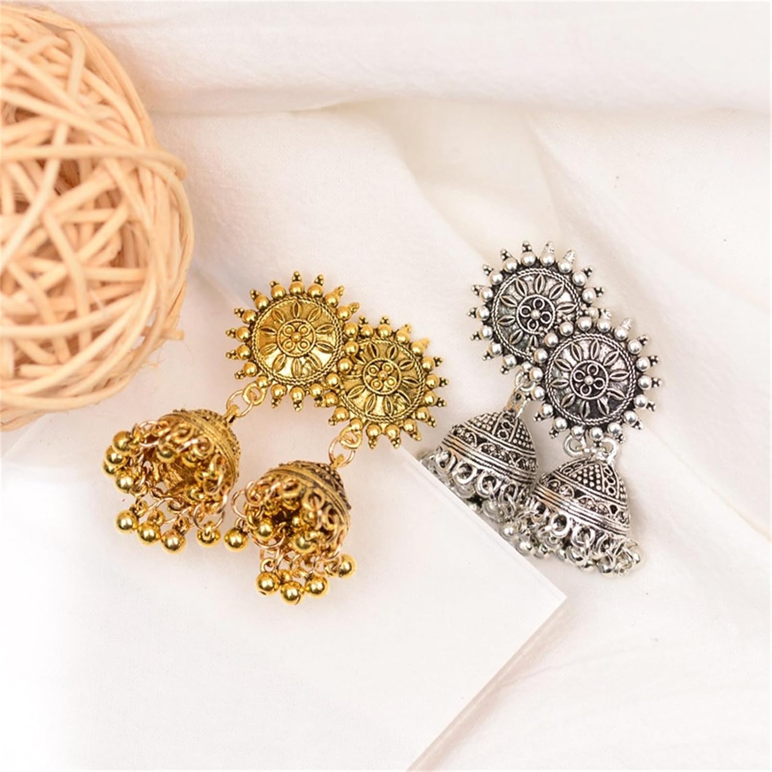 Vintage Bell Tassel Indian Earrings for Women Gold Silver Plated Bohemian Handmade Bollywood Gypsy Antiqued Tibetan Lightweight Jhumka Dangle Drop Earrings for Boho Style Traditional Jewelry Gifts - Image 5