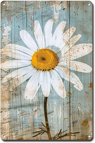 Letrero de metal de hojalata vintage, arte de pared Shabby Chic Daisy para simplicidad rústica, belleza antigua y superficies de madera envejecida,