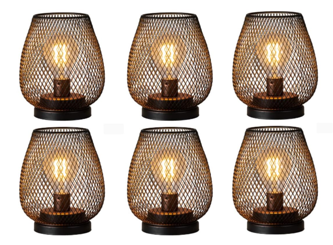 DECORKEY Set of 6 Battery Operated Lamp LED Table Lantern, Brown Metal Cage Cordless Lamps with LED Bulb，Vintage Decorative Outdoor Lantern for Weddings, Parties, Patio, Events for Indoors Shelf Decor