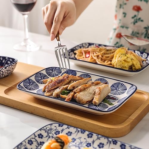 Miniatura 5 de Selamica Juego de 4 platos de ensalada rectangulares de cerámica, platos de postre de 9.4 pulgadas para entretenimiento en fiestas, platos pequeños