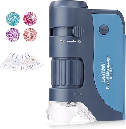 LAKWAR Microscopio de bolsillo para niños y adultos, microscopio portátil de mano 60x-120x con 5 diapositivas de microscopio, mini microscopio para