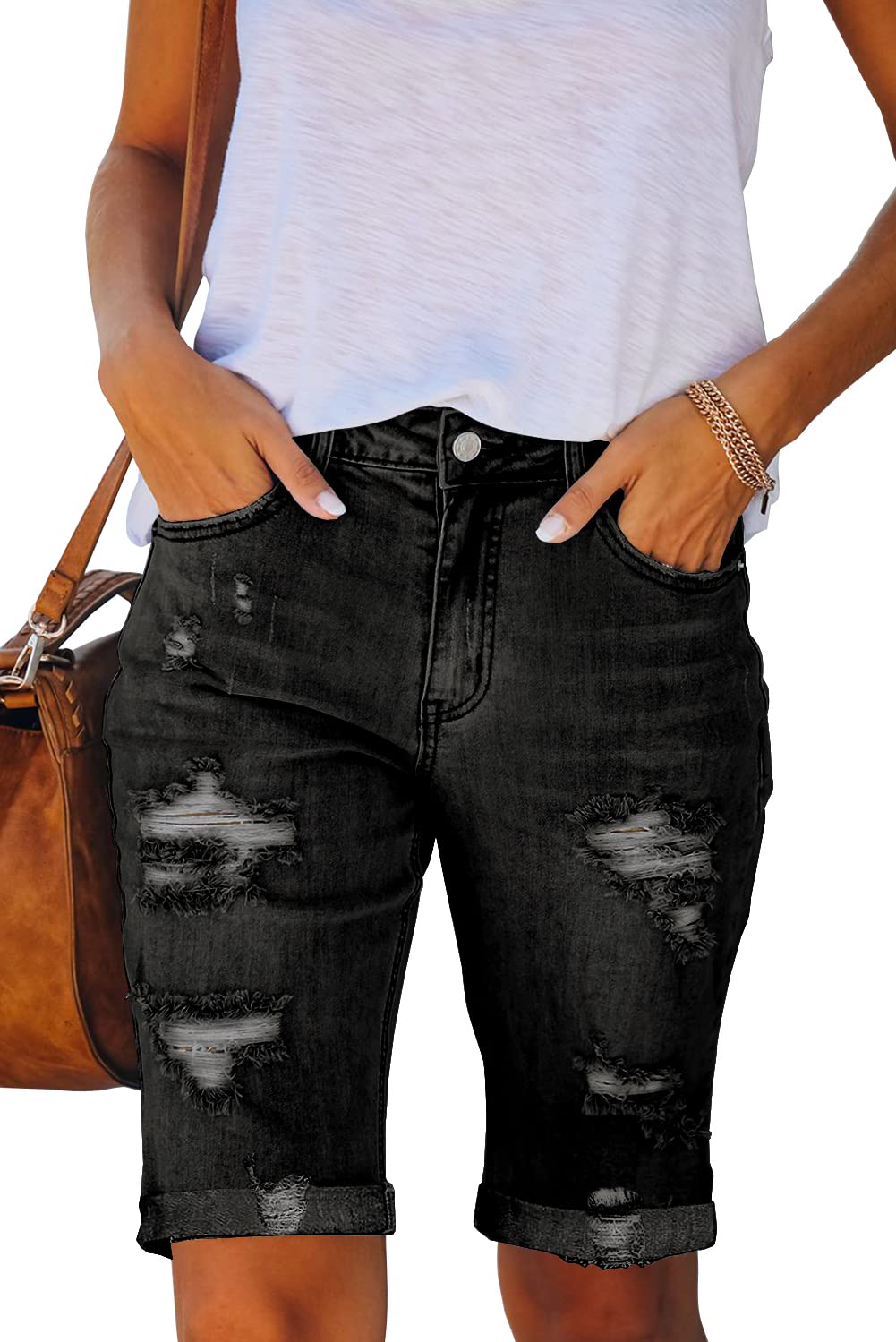 Necooer Damen Sommer Casual Denim Shorts Doppelknopf Zerrissene Jeans Aufgerollt Stretchy Hot Short(S,09-Blau)