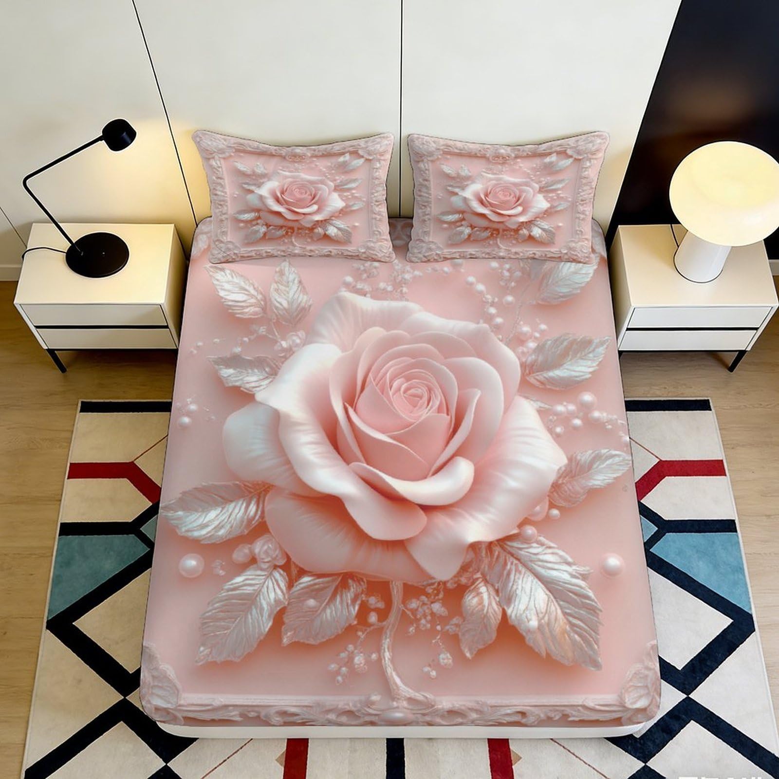 Qjzxknhpgr Style-4 3D Printed Pink Rose Fitted Sheet Microfiber Soft Breathable Waterdrop Bed Cover For Bedroom Guest Room Mattress Protection 90X200x25cm
