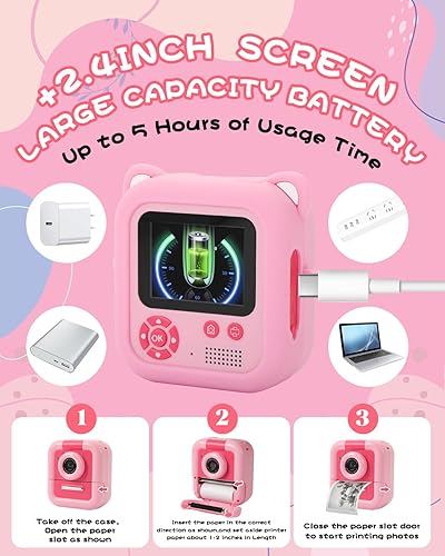 Miniatura 7 de Cámara de impresión instantánea para niños, cámara instantánea sin tinta para niños con tarjeta TF de 32 G y 5 rollos de papel de impresión, cámara