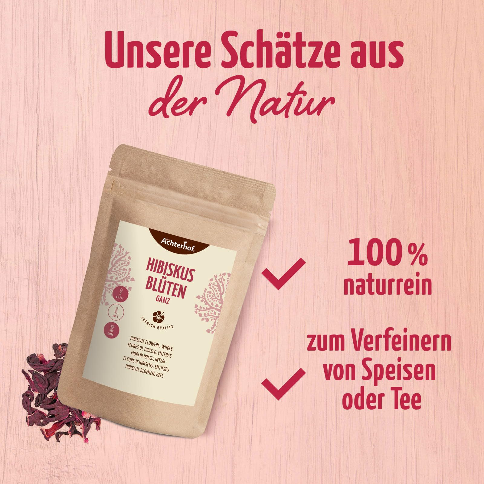 Flores de hibisco enteras secas 1000g | sabor ligeramente ácido-afrutado | flor de hibisco comestible | té de hibisco dulce-aromático | ideal para ensaladas, postres, yogures | vom Achterhof