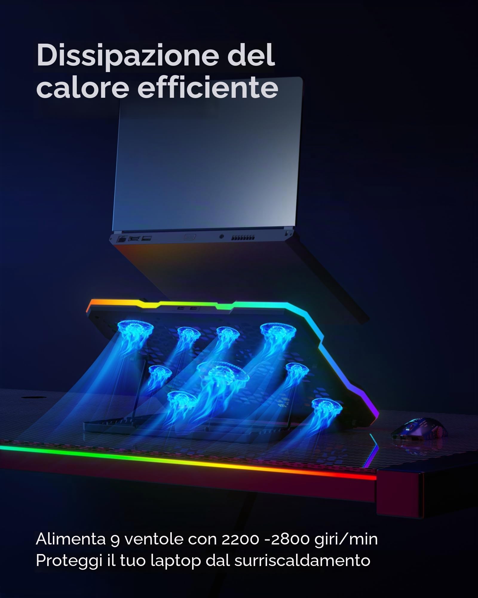 ChillCore Tappetino di raffreddamento per computer portatile, luci RGB, 9 ventole per laptop da 15,6-19,3 pollici, ventola di raffreddamento per laptop da gioco, con 8 supporti di altezza, 2 porte