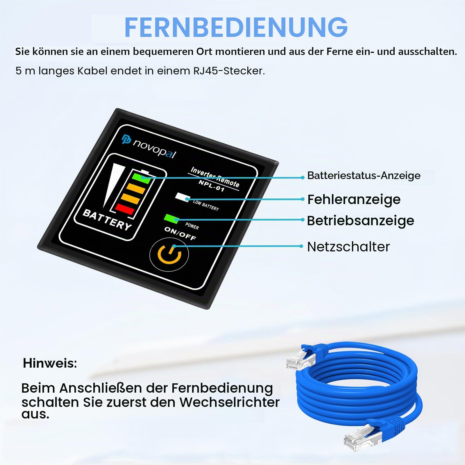 NOVOPAL 3000W Wechselrichter 12V auf 230V Reiner Sinus Spannungswandler Power Inverter mit 5M Fernbedienung und 2.4A USB Anschlüsse für Wohnmobil Auto Camping