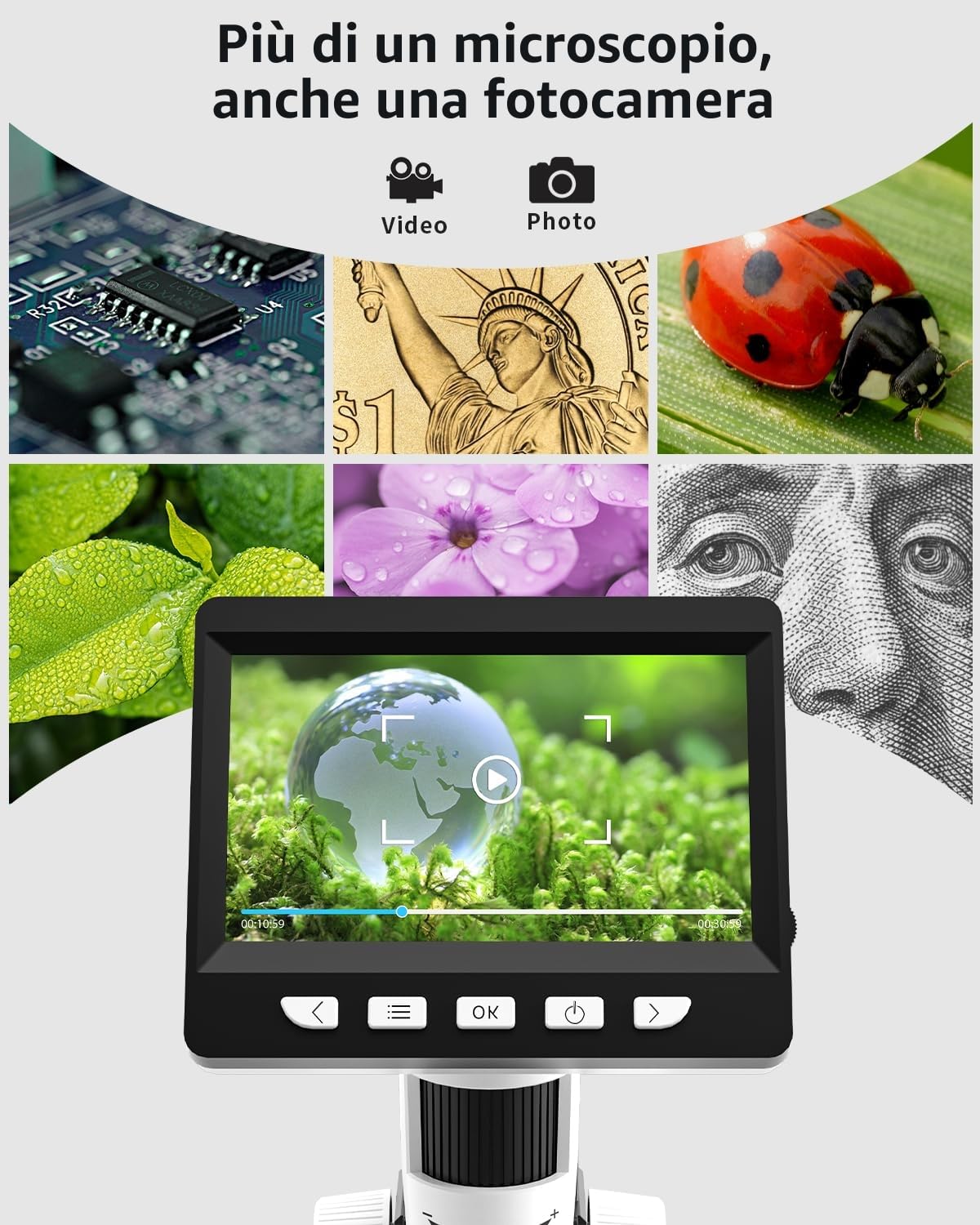 CIMELR Microscopio Digitale da 4,3 pollici, con risoluzione 50X-1000X e 8 luci LED regolabili, Microscopio per adulti (306-B)