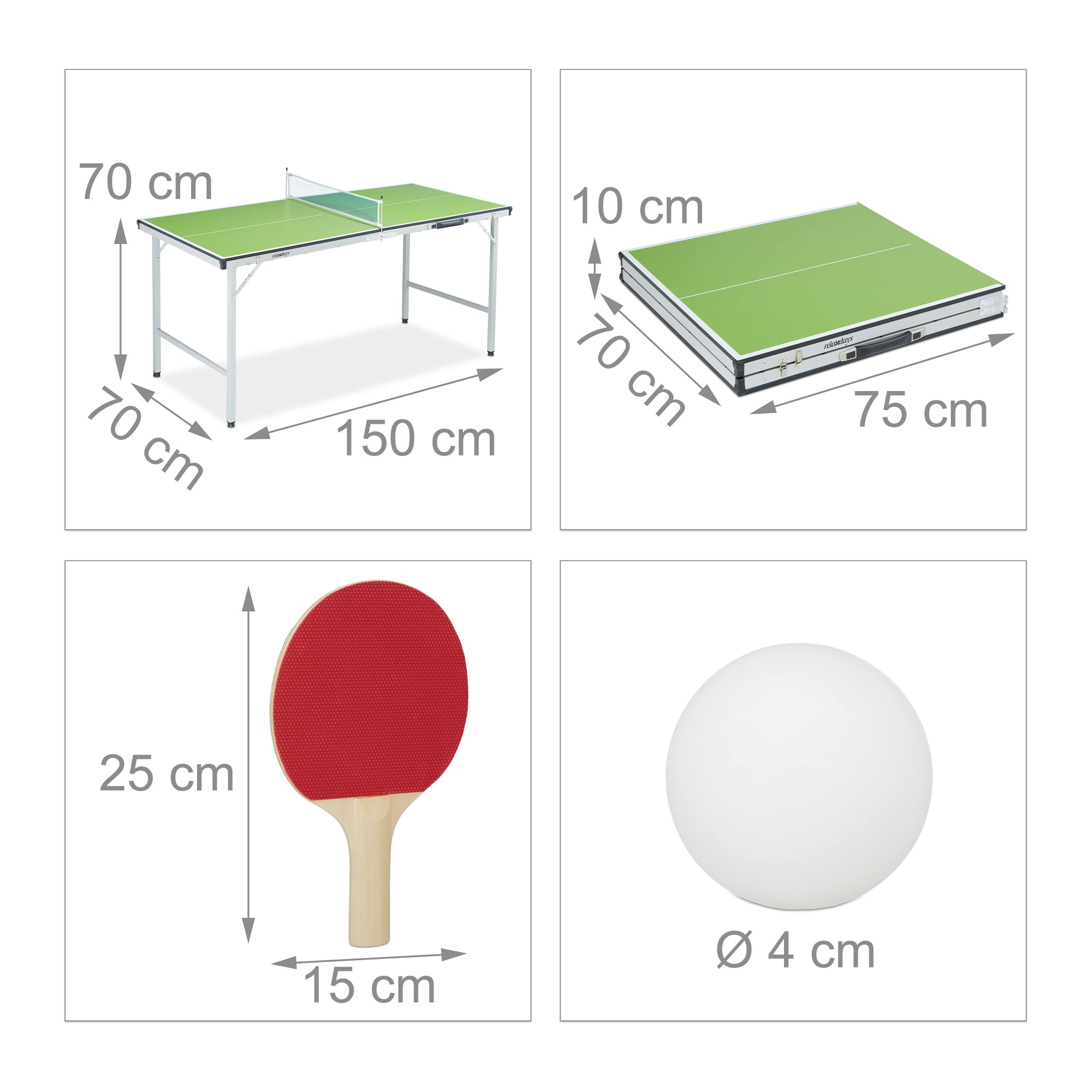Relaxdays Relaxdays Tavolo da Ping Pong Pieghevole - Relaxdays Tavolo da Ping Pong Pieghevole, con Rete, 2 Racchette, 3 Palline, HxLxP: 70 x 70 x 150 cm, Nero Unisex Adulto