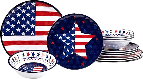 Certified International Stars & Stripes - Juego de vajilla de melamina de 12 piezas, servicio para 4