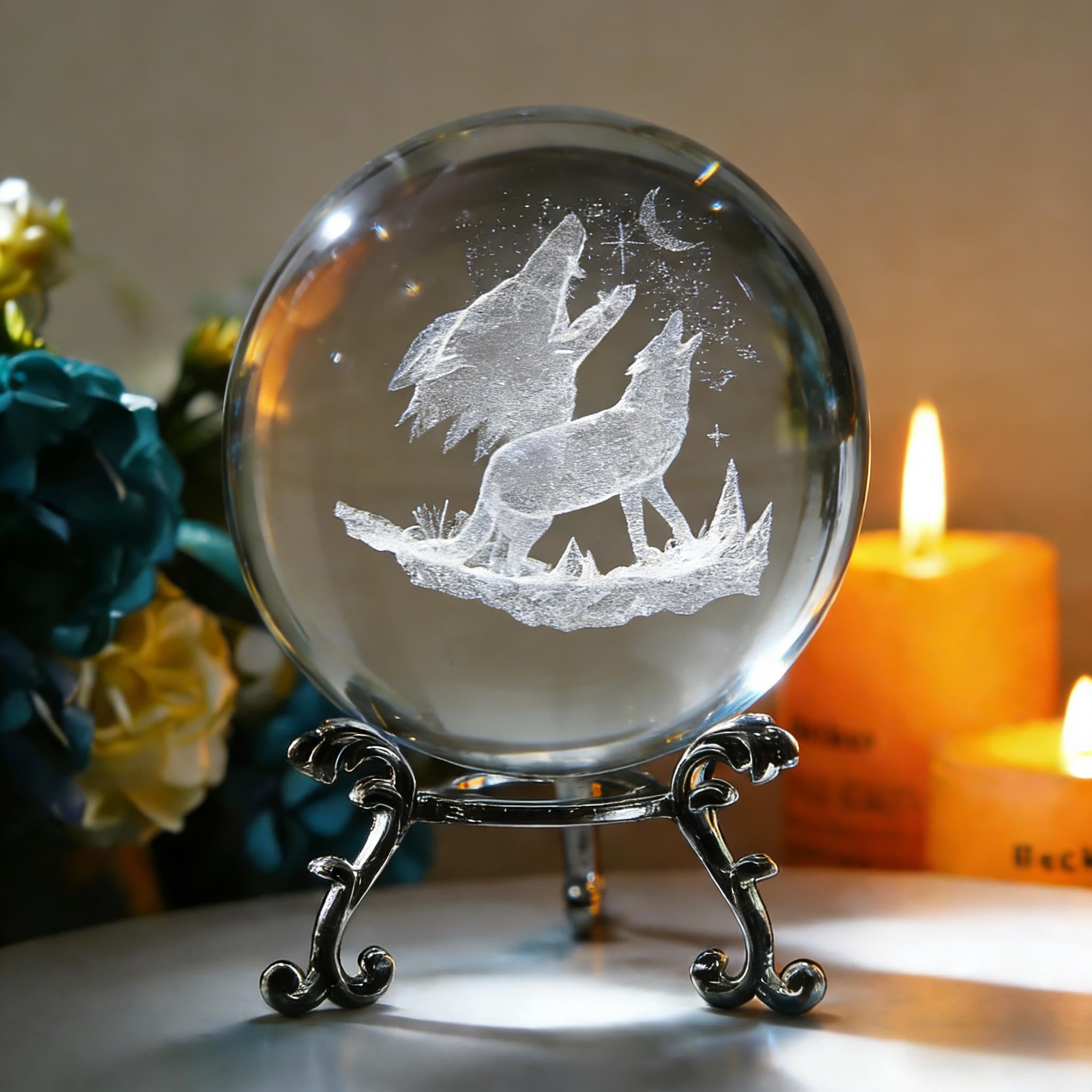 2.36in 3D Laser Crystal Howling Wolf Figurine Crystal Ball Paperweight with Stand Base - 3D Engraving Crystal Wolf Gift Home Decor
