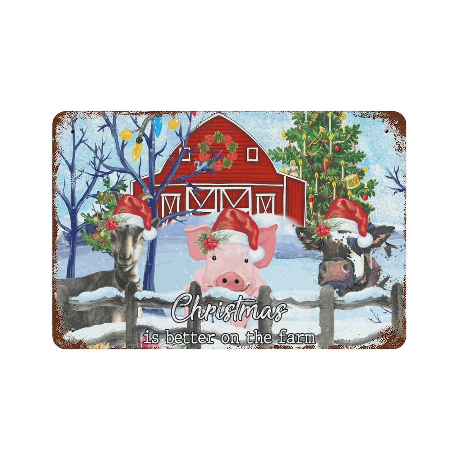Panneau en métal Christmas is better on the farm déco murale rétro