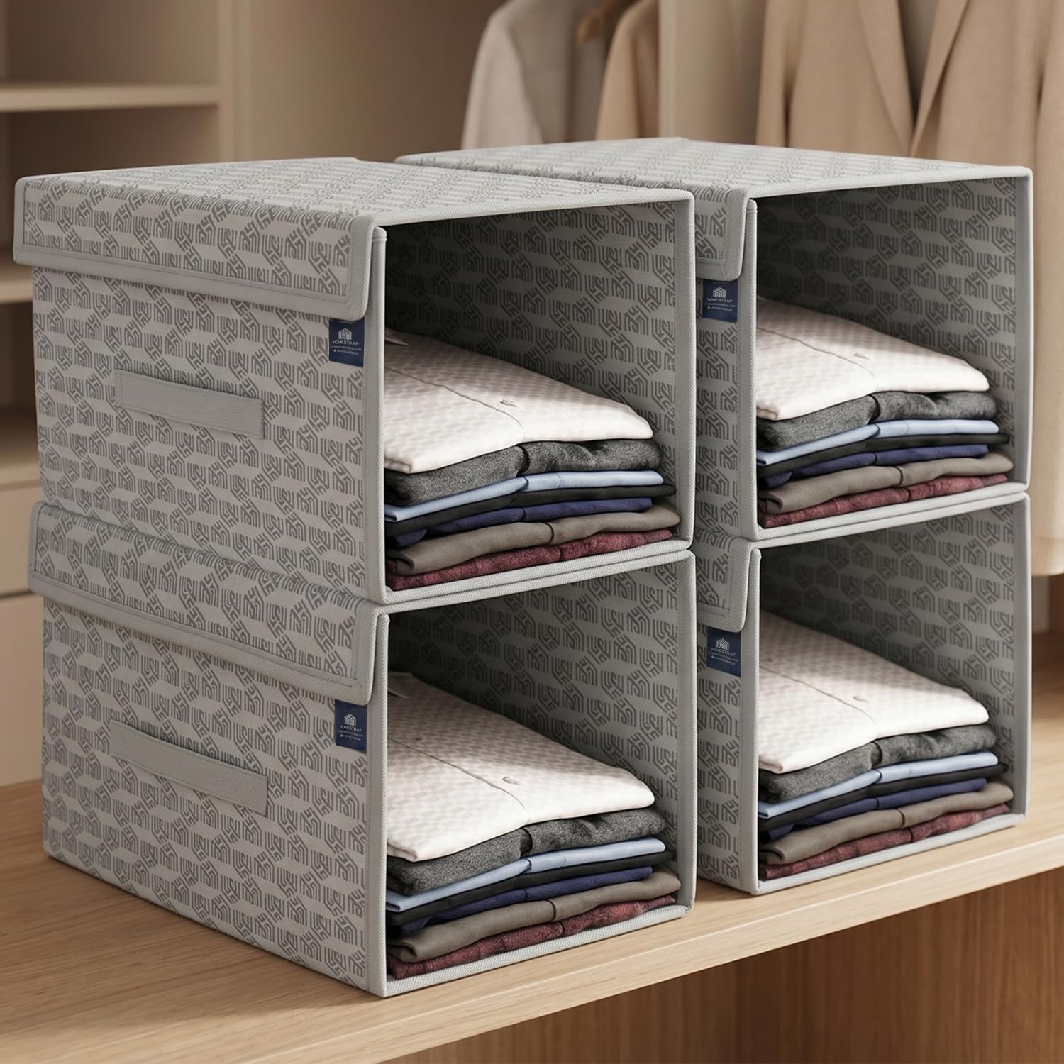 HomeStrap Non-Woven Clothes Stacker Set of 4 | Foldable Shirt Storage for Wardrobe & Closet | Stackable Shelf Organizer for T-Shirts, Shirts, Jeans, Tops & Clothing with Handle | Grey