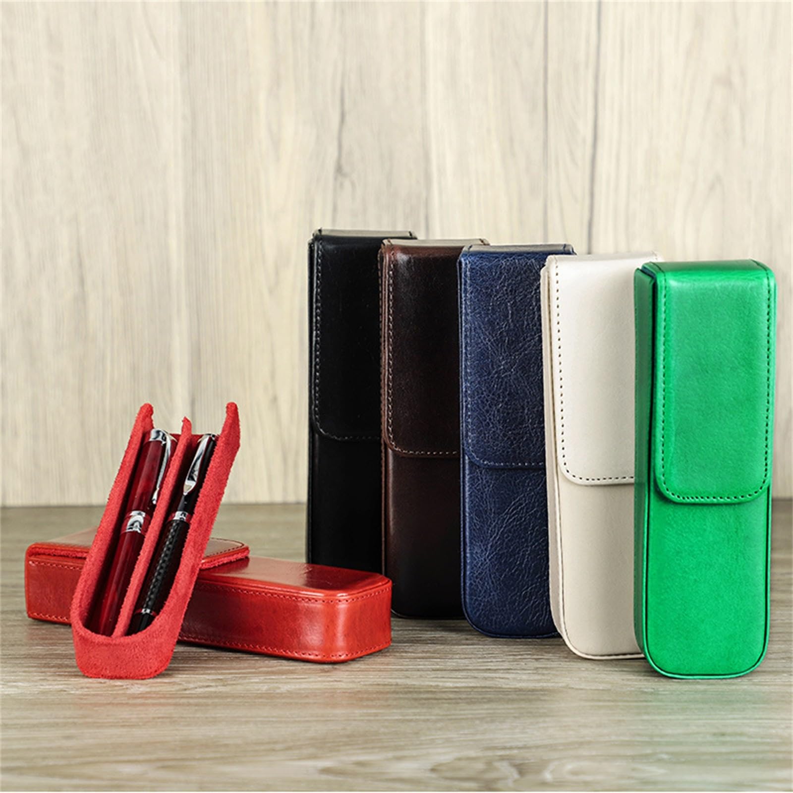 Skórzane etui na długopisy, Skórzany piórnik, ręcznie zdejmowany, wymienny organizer na długopisy studenckie dla dorosłych i studentów(Green)