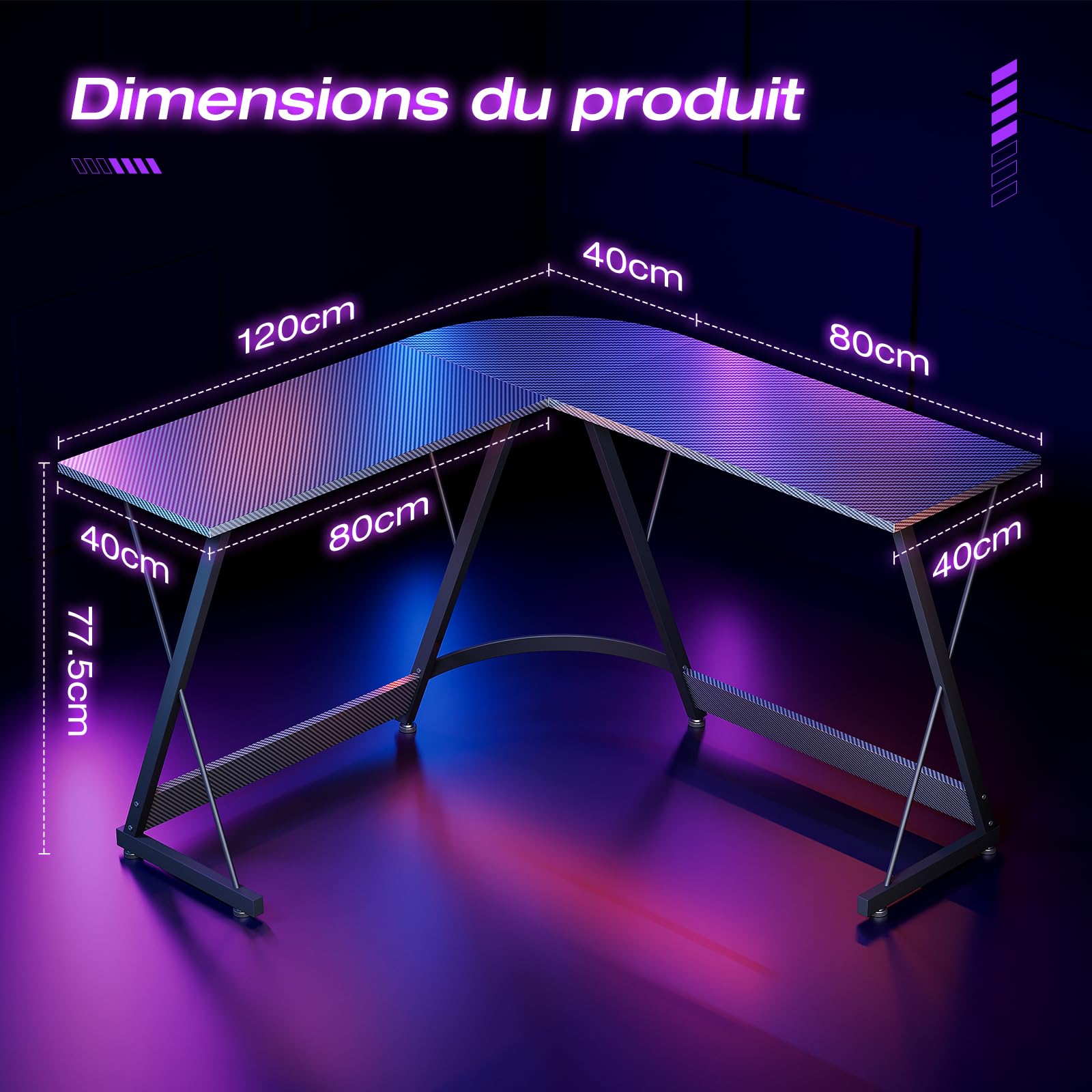 ODK Bureau Gaming d'angle, 120x120cm, Noir Fibre Carbone | Bureau en L avec Structure Stable, Économique, Pour Télétravail, Pour Études, Pour Gaming, Pour Maison