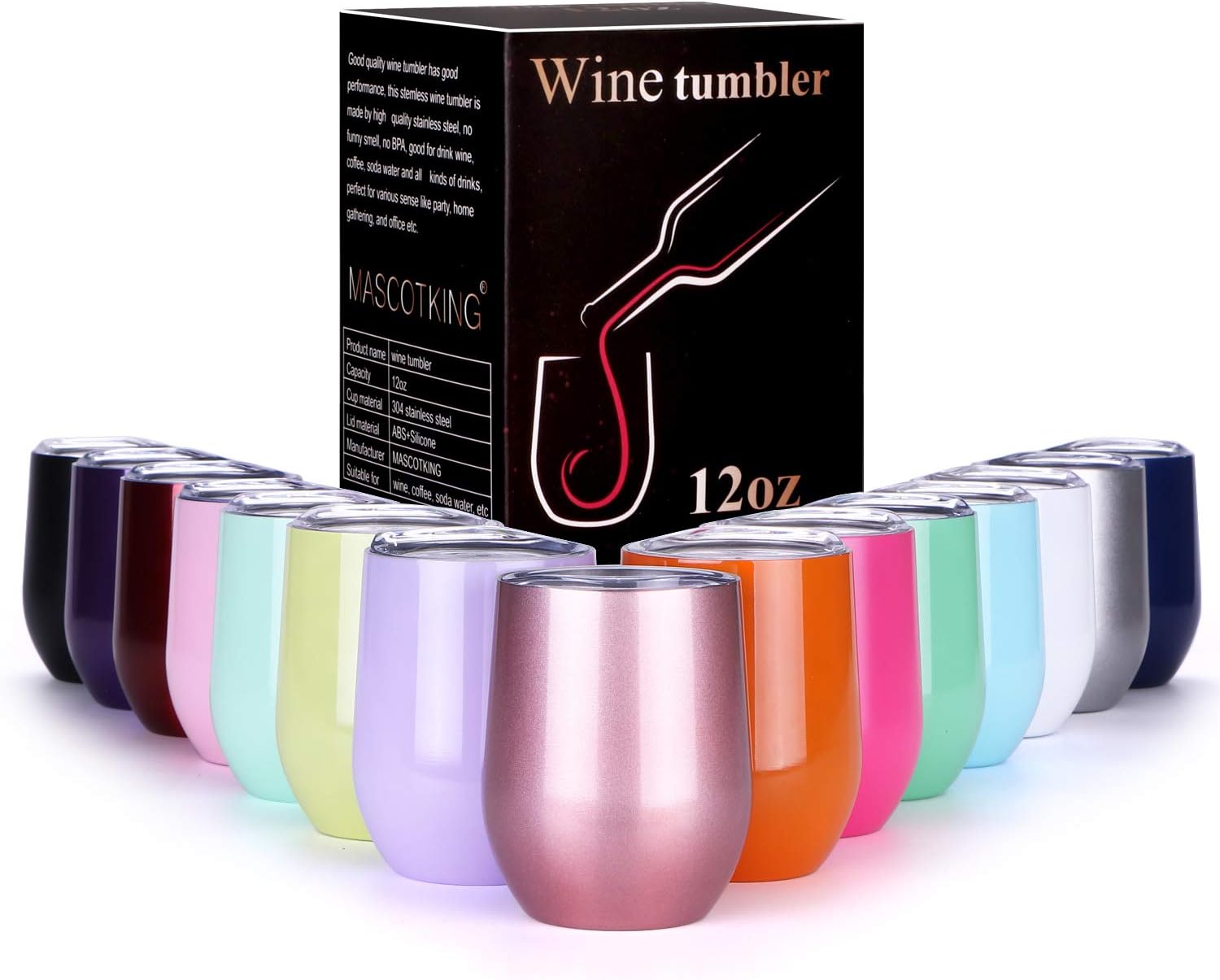 MASCOTKING 12 oz Wine Tumbler,Double Vacuum Insulated Wine Glass with Lids for Keeping Wine, Coffee, Drinks, Champagne, Cocktails