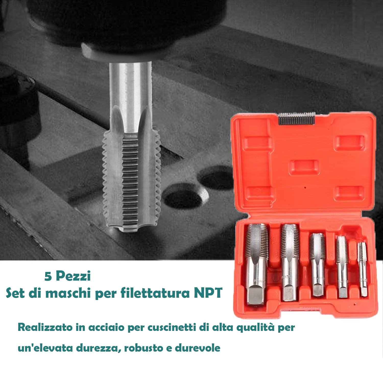 5-teiliges NPT-Gewindebohrer-Set – 1/8, 1/4, 3/8, 1/2, 3/4 Zoll, Aus Lagerstahl, Für Rohrgewinde