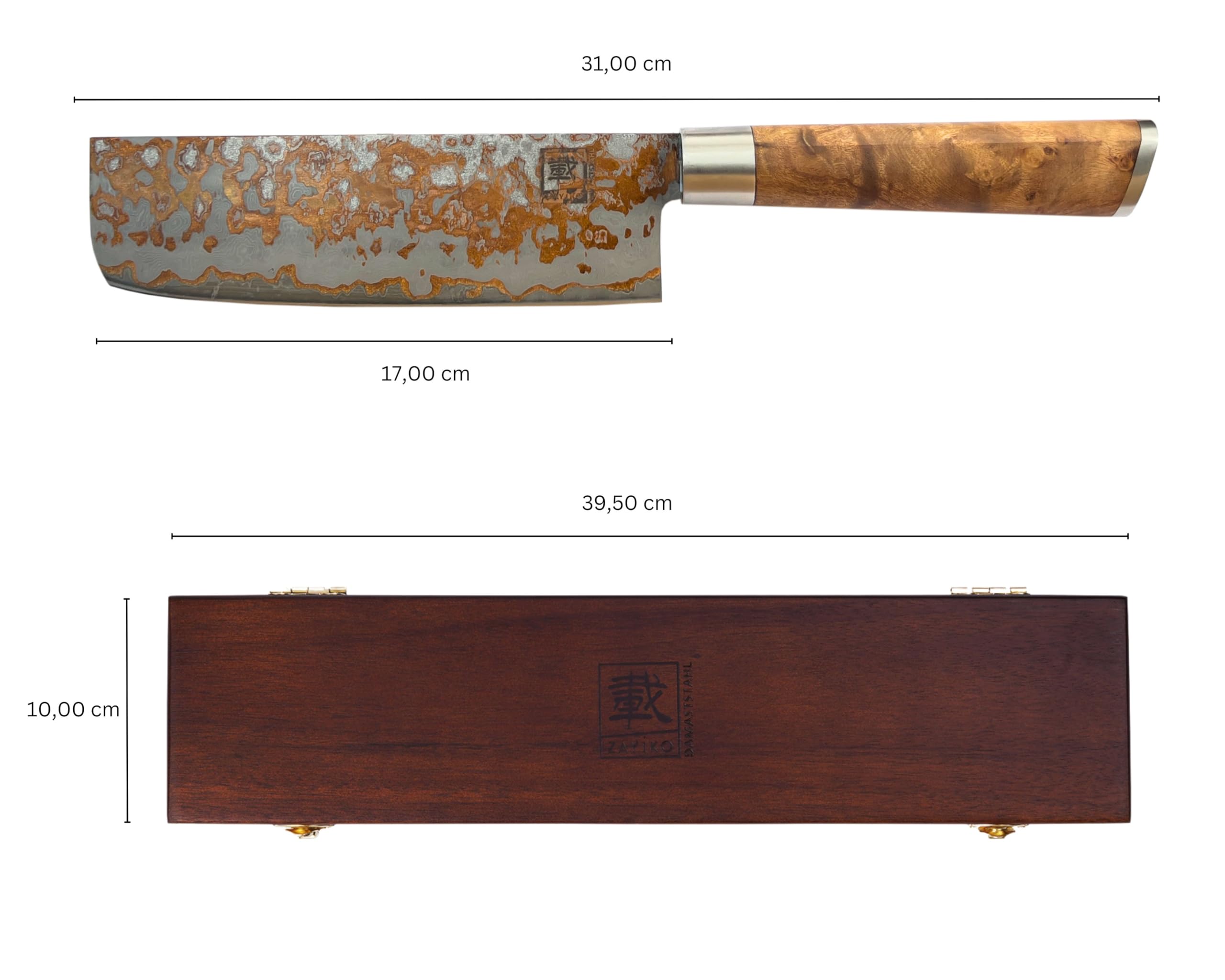 zayiko MysticMagma Nakiri Damastmesser - 17 cm Klinge aus 67 Lagen Damaststahl mit Kupfer- und Bronze-Einlage, DualCurve Griff aus Ahornwurzelholz, Holzbox