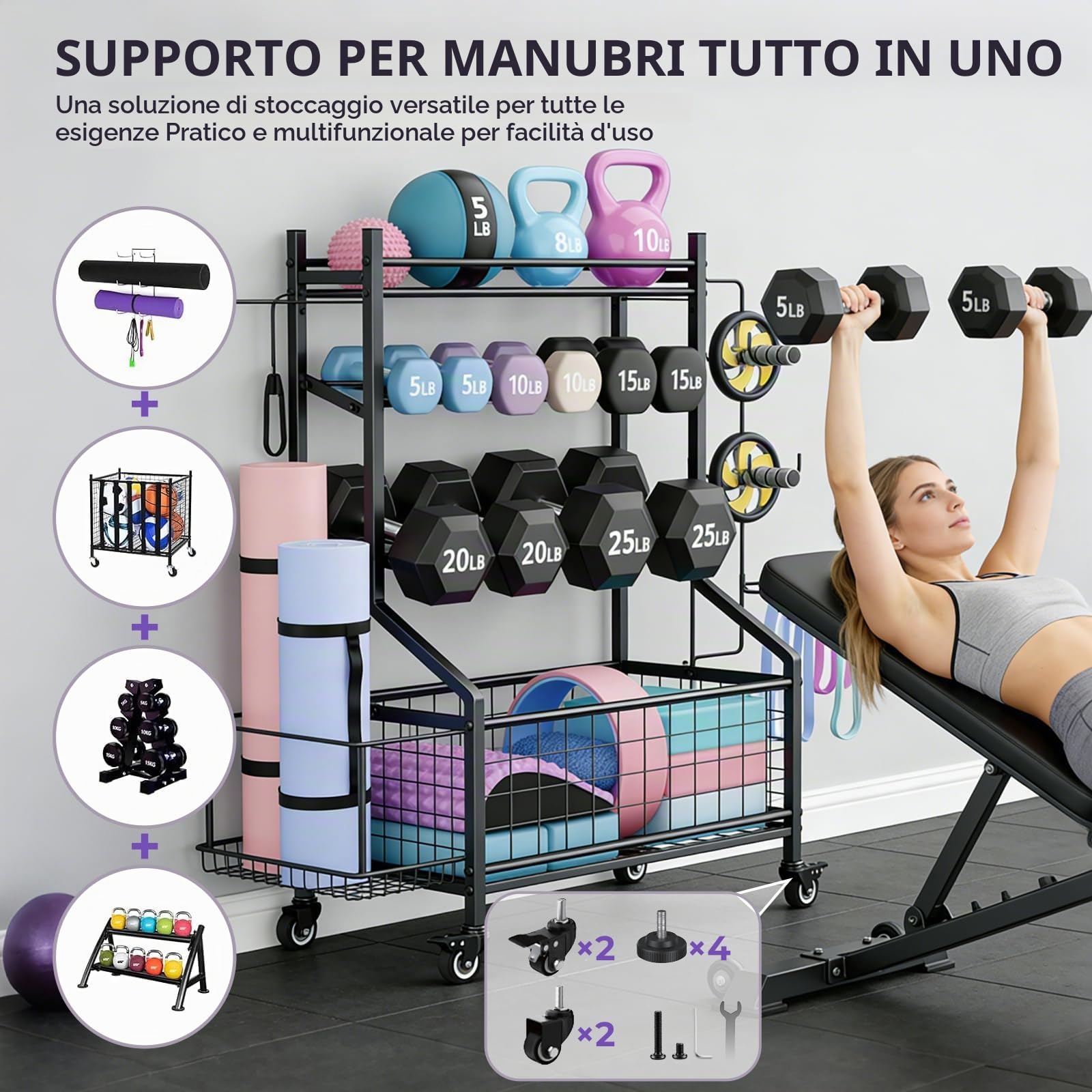 Rastrelliera Per Manubri Regolabile A 4 Livelli Con Ruote E Ganci,Porta Manubri Attrezzatura Palestra,Supporto Multifunzionale Per Tappetini Da Yoga,Manubri,Rulli In Schiuma, Fasce Elastiche,60×40cm