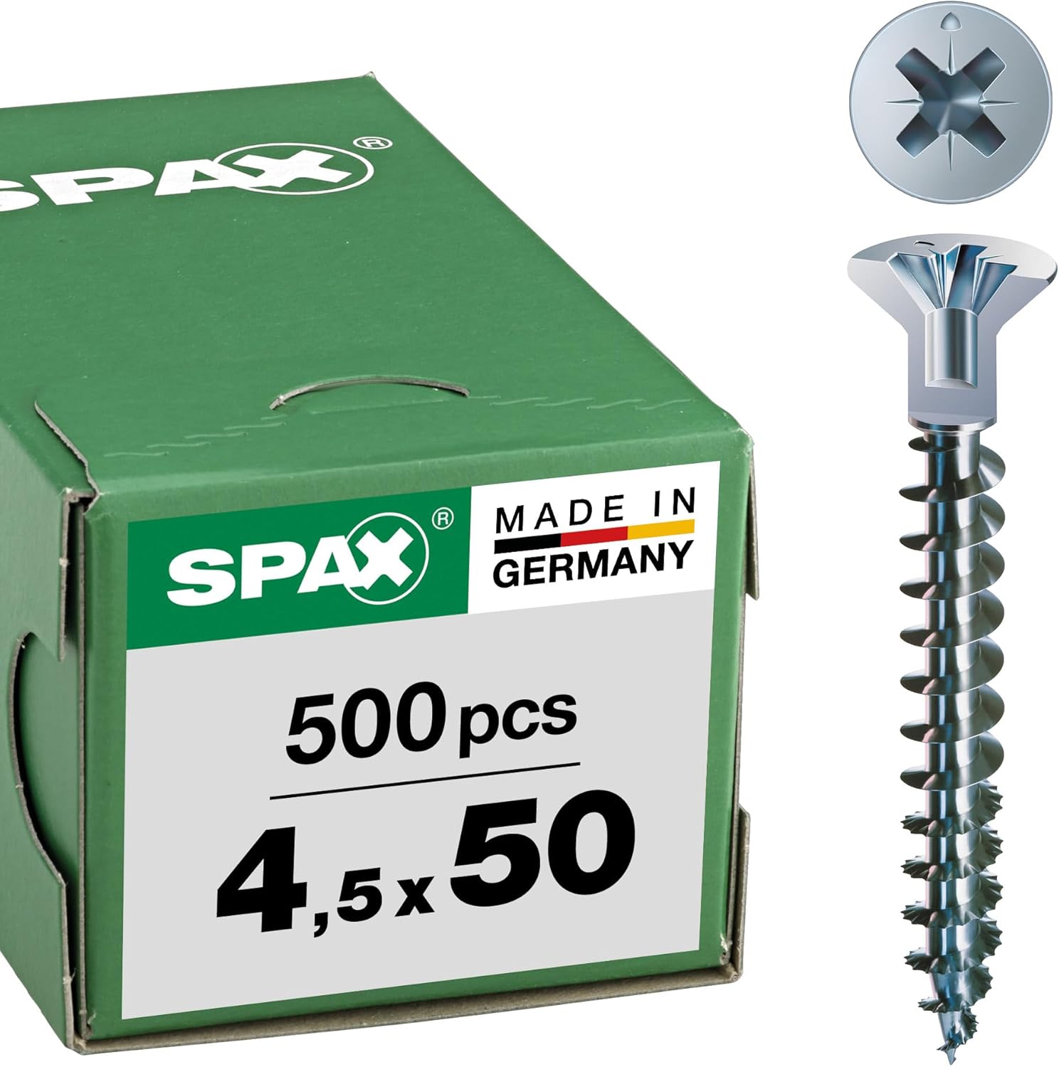 SPAX WIROX A3J 0271010450505 Universal Screw with Head Hole 4.5 x 50 mm Pack of 500 Phillips Z2 Small Countersunk Head (Diameter 5 mm) Fully Threaded