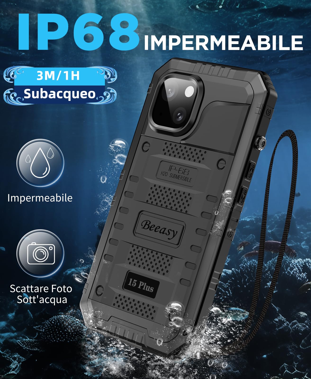 Beeasy Cover per iPhone 15 Plus IP68 Impermeabile, 360 Completa Antiurto Militare Rugged Armor,Resistente Indistruttibile Metallo Custodia, Subacquea Protezione Case per iPhone 15 Plus,Nero