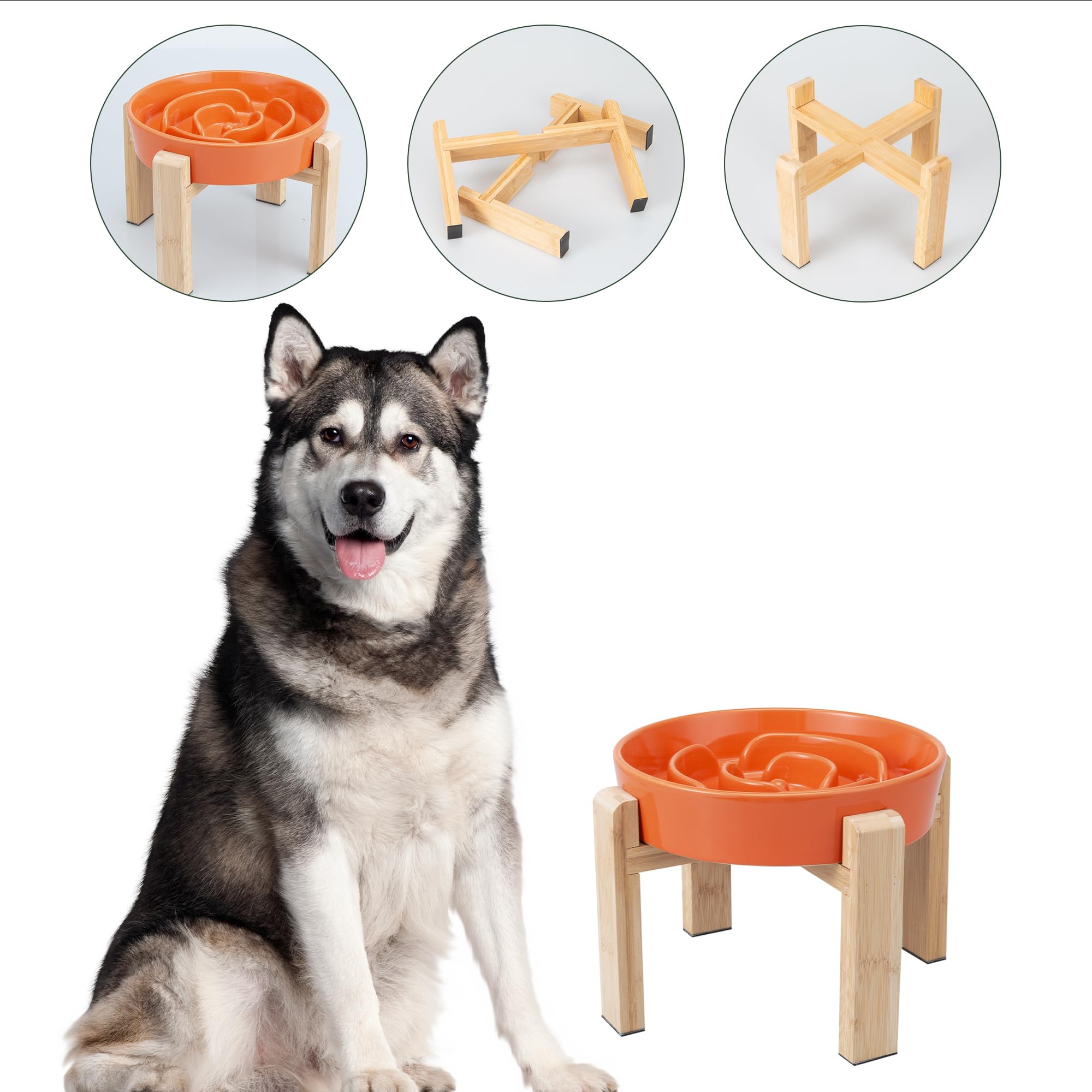 Gamelle Anti-Glouton Surélevée pour Chien - Bol en Céramique avec Support en Bambou - Idéale pour Chiens Moyens et Grands - Orange - 22,5 cm