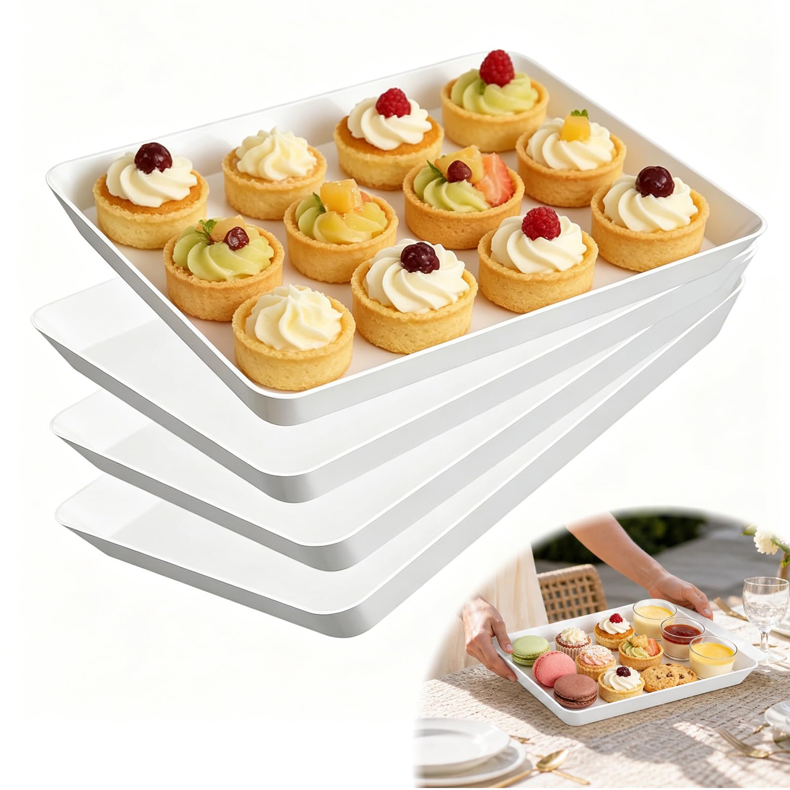 Wismont White 4 Pcs Plastic Serving Tray, Reusable Serving Platters,22X1.7cm Tray For Kitchen Charcuterie Fruit Cookies Dishes Snacks Sandwich Tea Dinner.